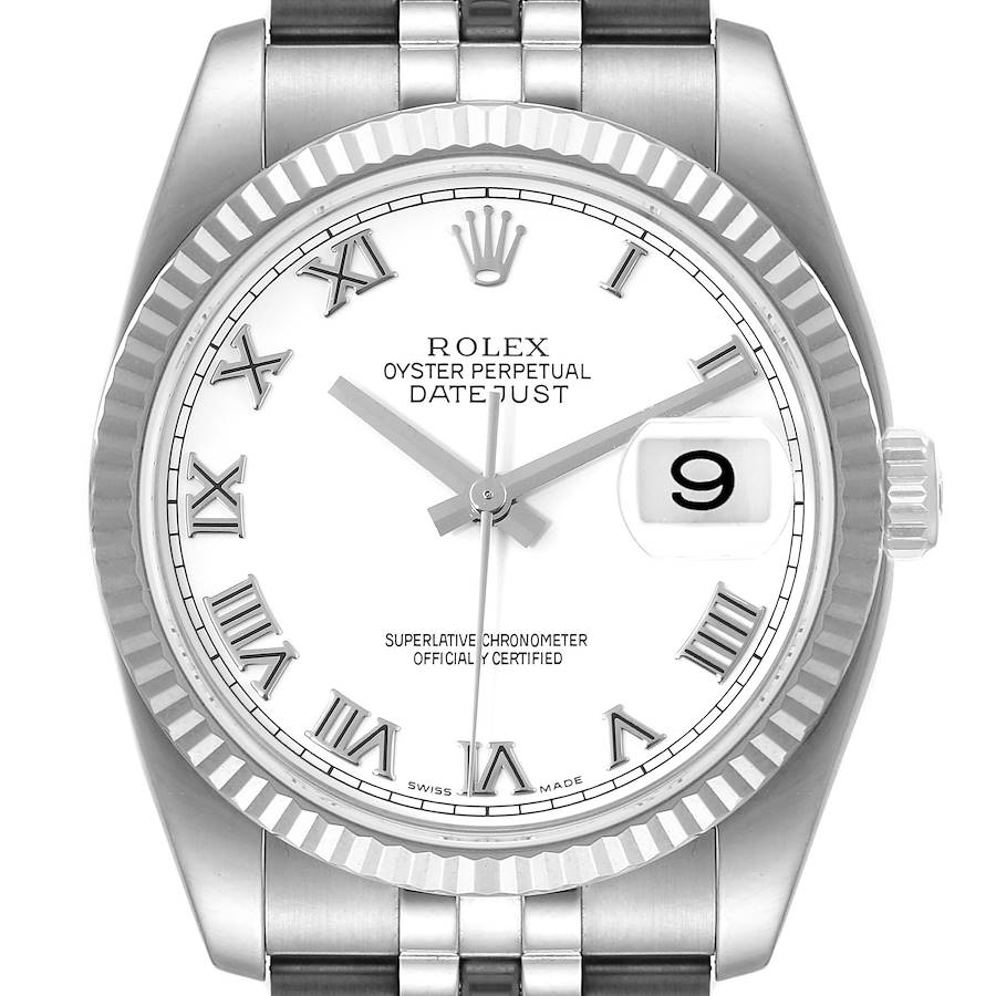 Rolex Datejust Steel White Gold White Roman Dial Mens Watch 116234 Box Papers SwissWatchExpo