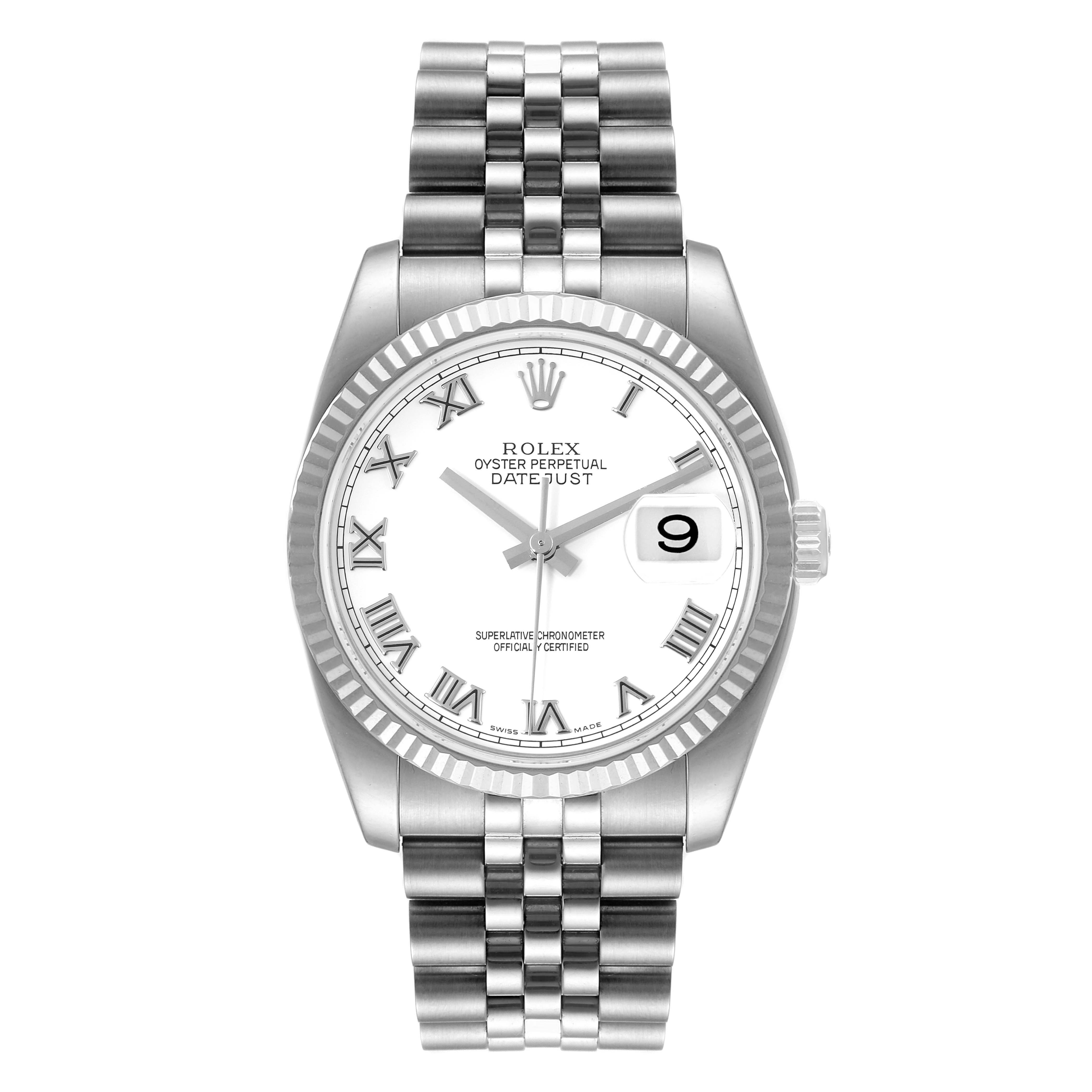 This image displays a front view of a Rolex Datejust 116234 Men's Stainless Steel White Dial 116234 Men's Stainless Steel White Dial watch, highlighting its dial, bezel, bracelet, and date window.