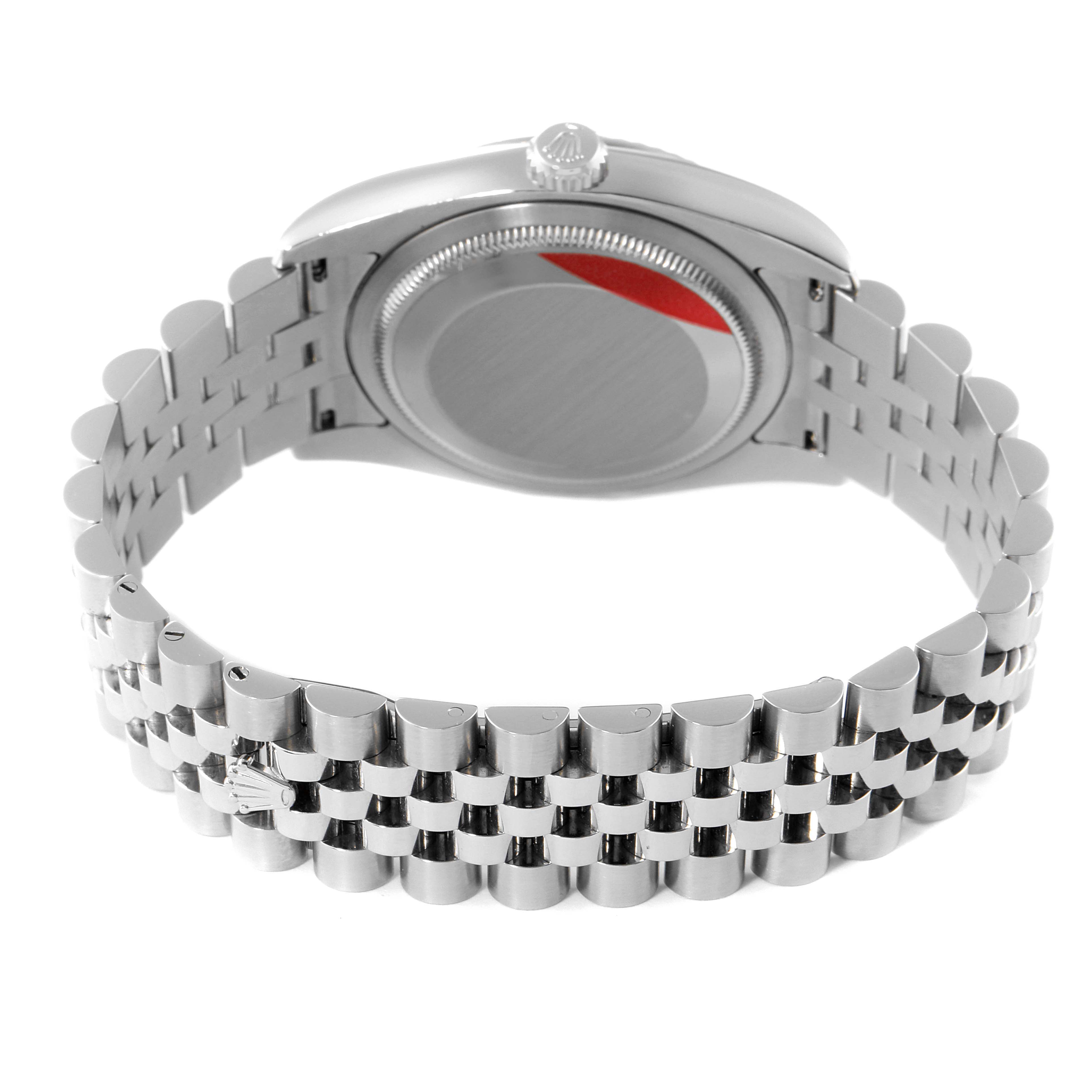 The image shows the back view of a Rolex Datejust 116234 Men's Stainless Steel White Dial 116234 Men's Stainless Steel White Dial watch, featuring its case and Jubilee bracelet.