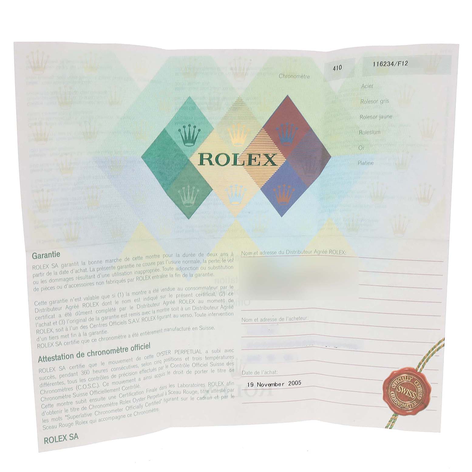 The image shows the warranty certificate of a Rolex Datejust 116234 Men's Stainless Steel White Dial 116234 Men's Stainless Steel White Dial watch.