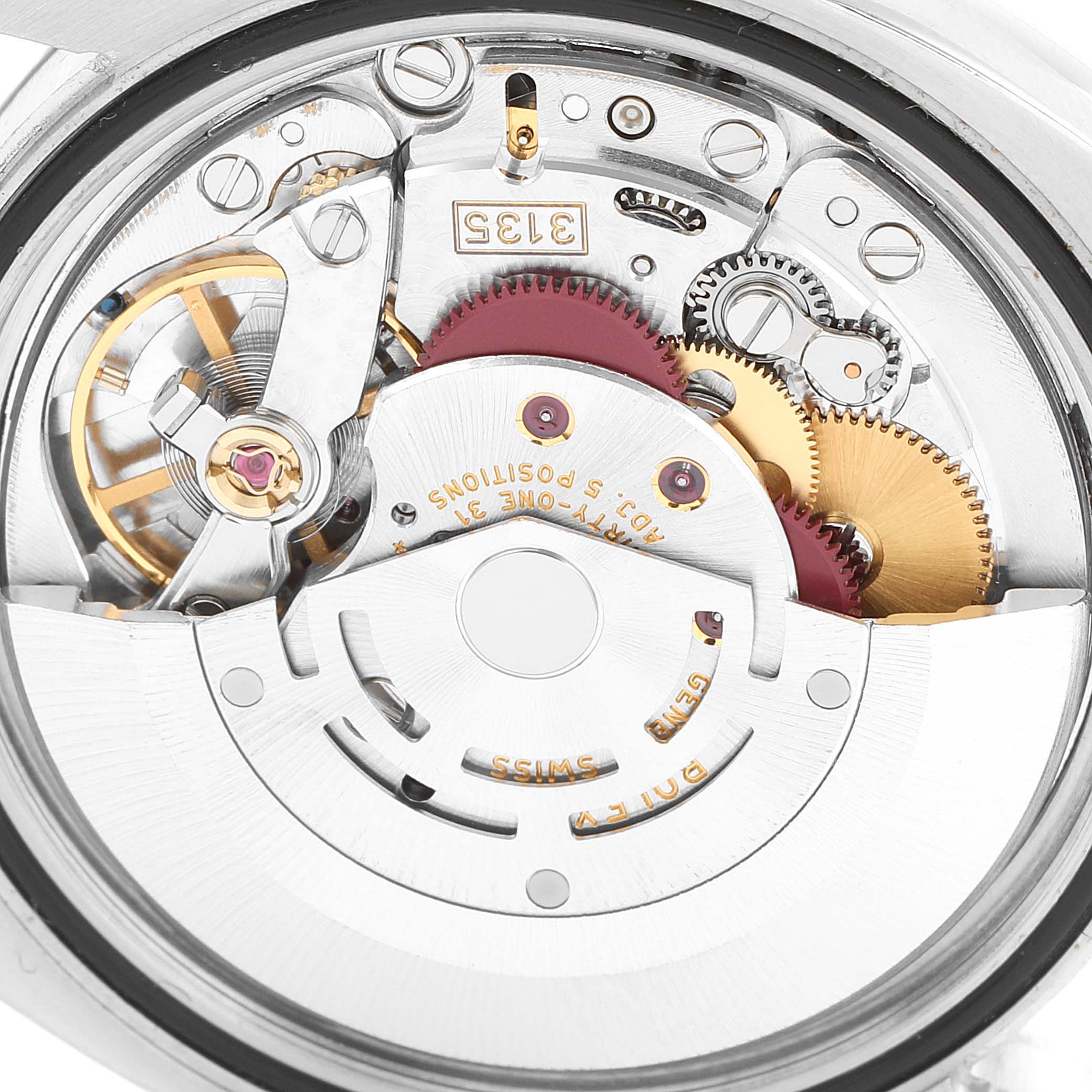 This image shows a close-up view of the Rolex Datejust 116234 Men's Stainless Steel White Dial 116234 Men's Stainless Steel White Dial watch movement, highlighting the intricate internal mechanisms.
