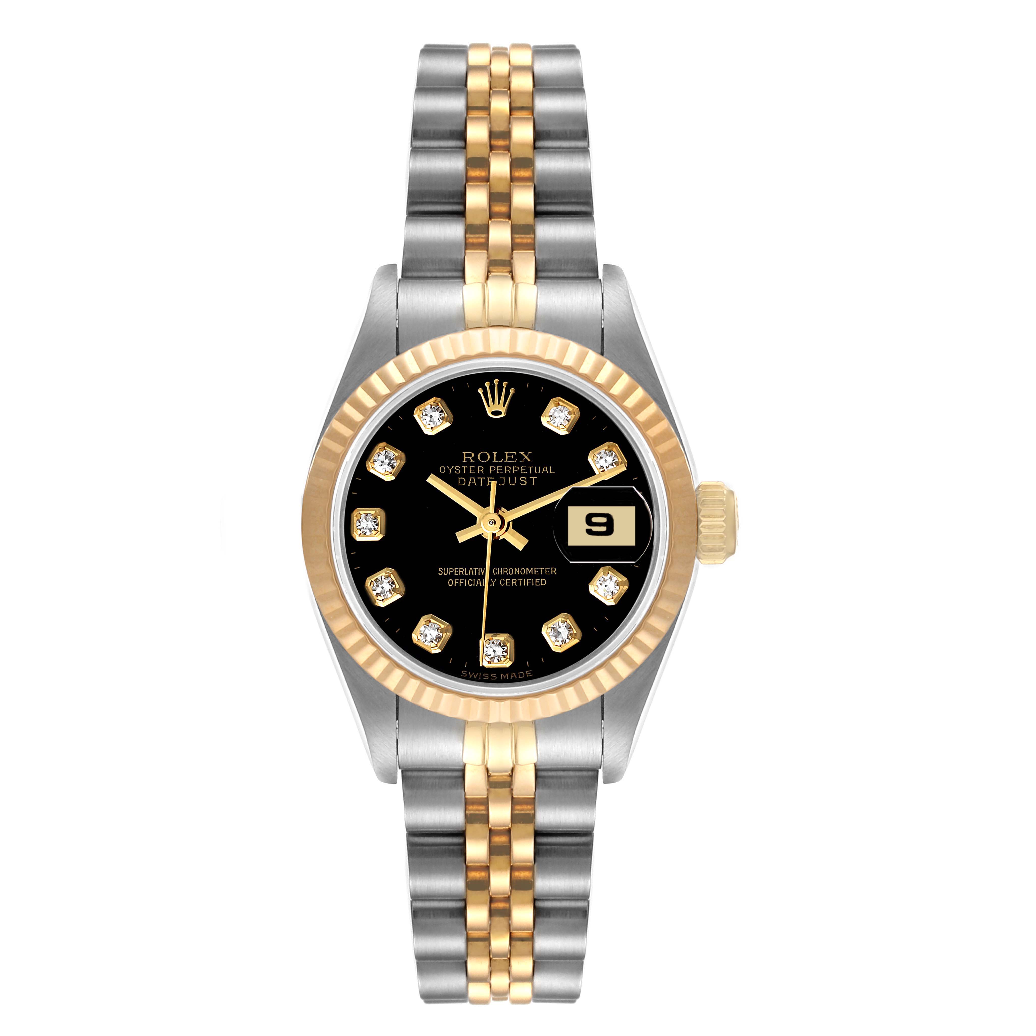 The Rolex Datejust 69173 Women's Steel and Gold (two tone) Black Dial 69173 Women's Steel and Gold (two tone) Black Dial watch is shown from a front angle, displaying its face, bezel, and bracelet.