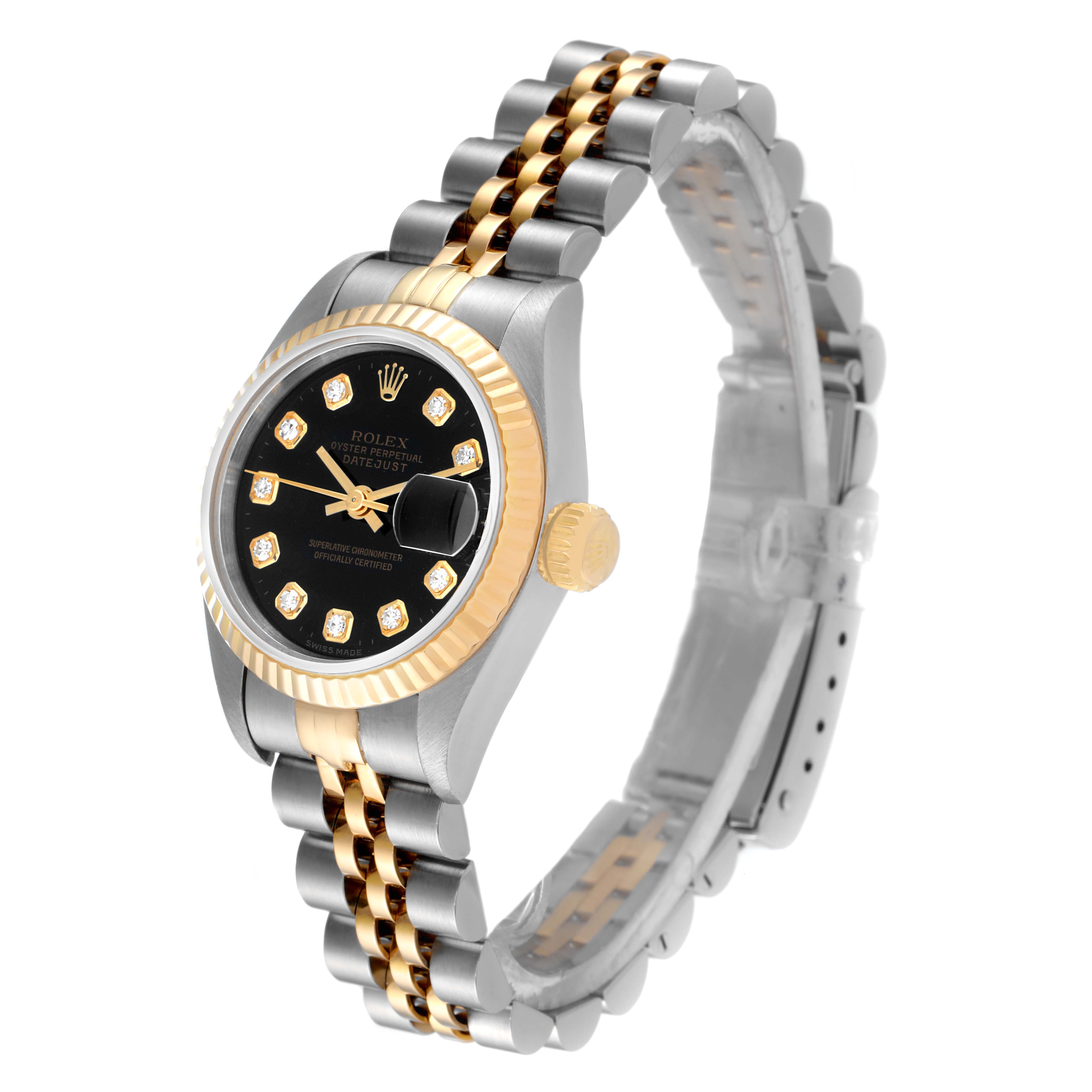 The image shows a side angle of a Rolex Datejust 69173 Women's Steel and Gold (two tone) Black Dial 69173 Women's Steel and Gold (two tone) Black Dial watch, highlighting the face, bezel, crown, and two-tone bracelet.