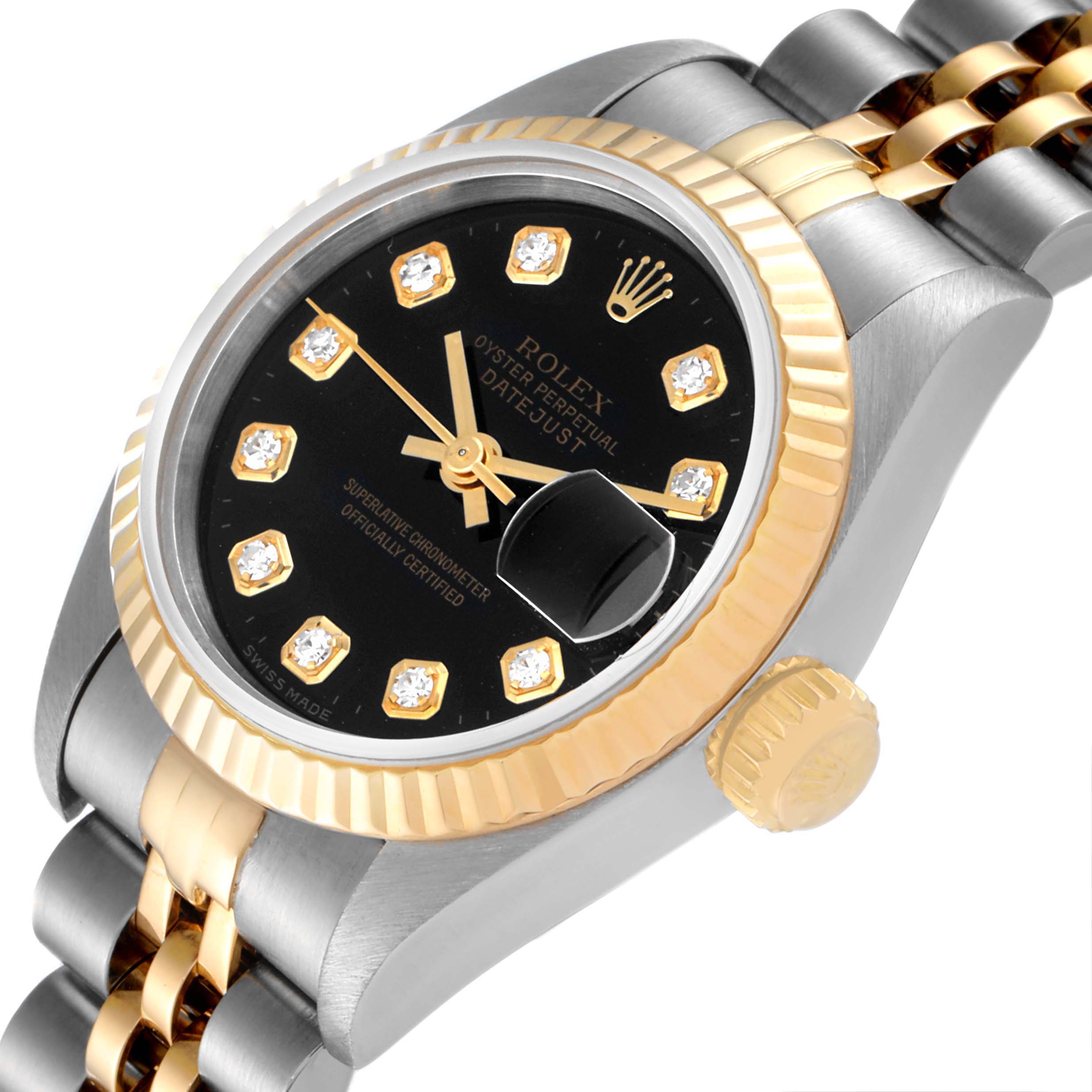 The image shows the Rolex Datejust 69173 Women's Steel and Gold (two tone) Black Dial 69173 Women's Steel and Gold (two tone) Black Dial watch from an angled side view, highlighting the dial, bezel, crown, and part of the bracelet.