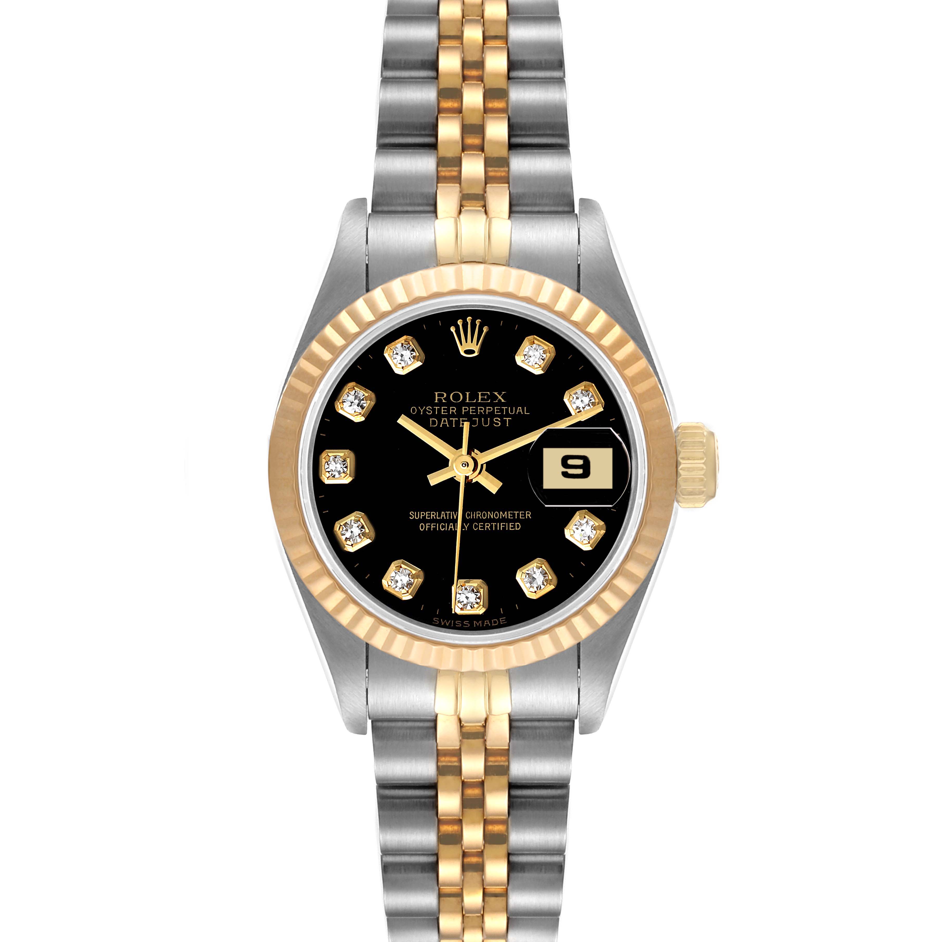This image shows a frontal view of a Rolex Datejust 69173 Women's Steel and Gold (two tone) Black Dial 69173 Women's Steel and Gold (two tone) Black Dial watch with a black dial, diamond hour markers, and a two-tone metal bracelet.