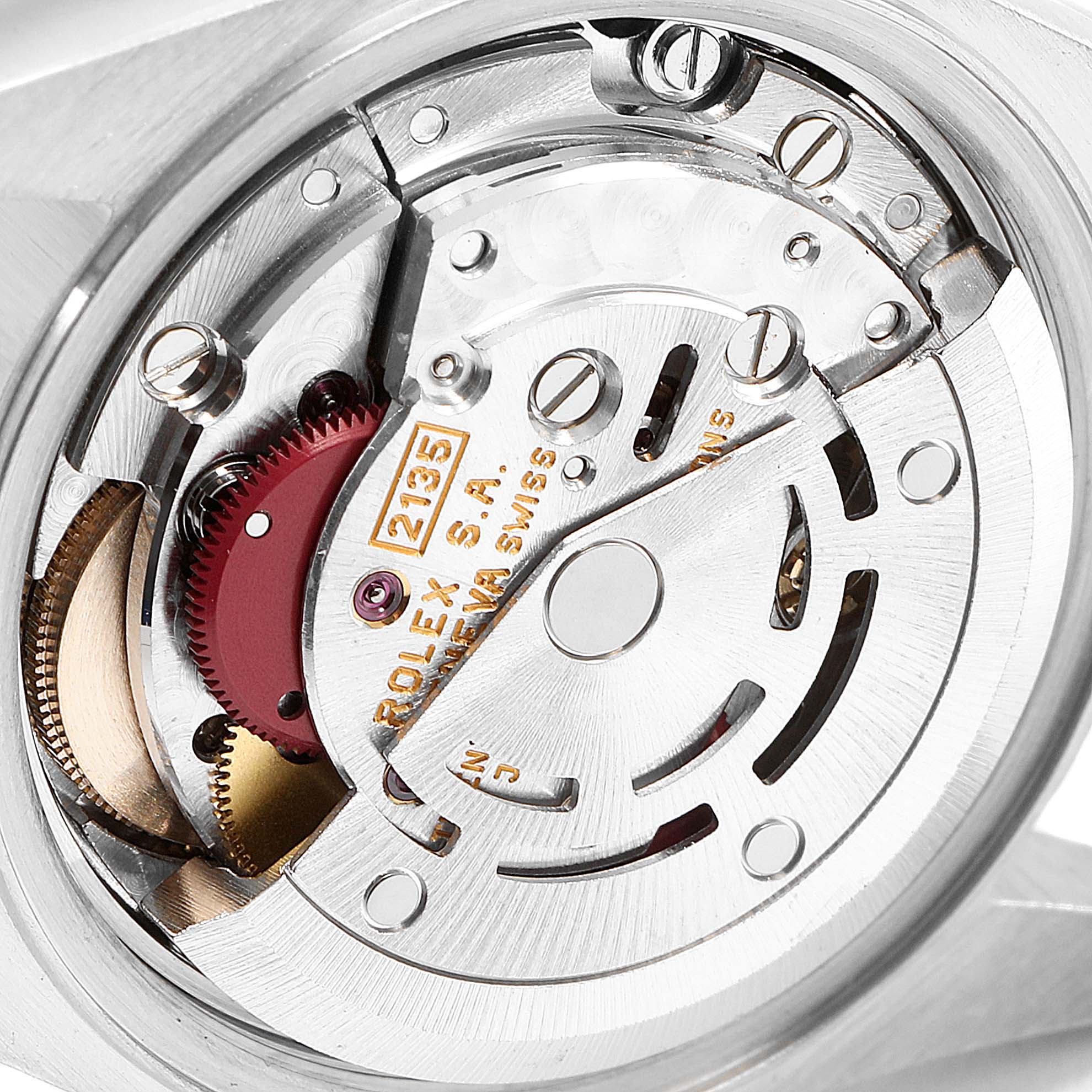 This close-up image shows the internal mechanical movement of a Rolex Datejust 69173 Women's Steel and Gold (two tone) Black Dial 69173 Women's Steel and Gold (two tone) Black Dial watch, highlighting the intricate components.