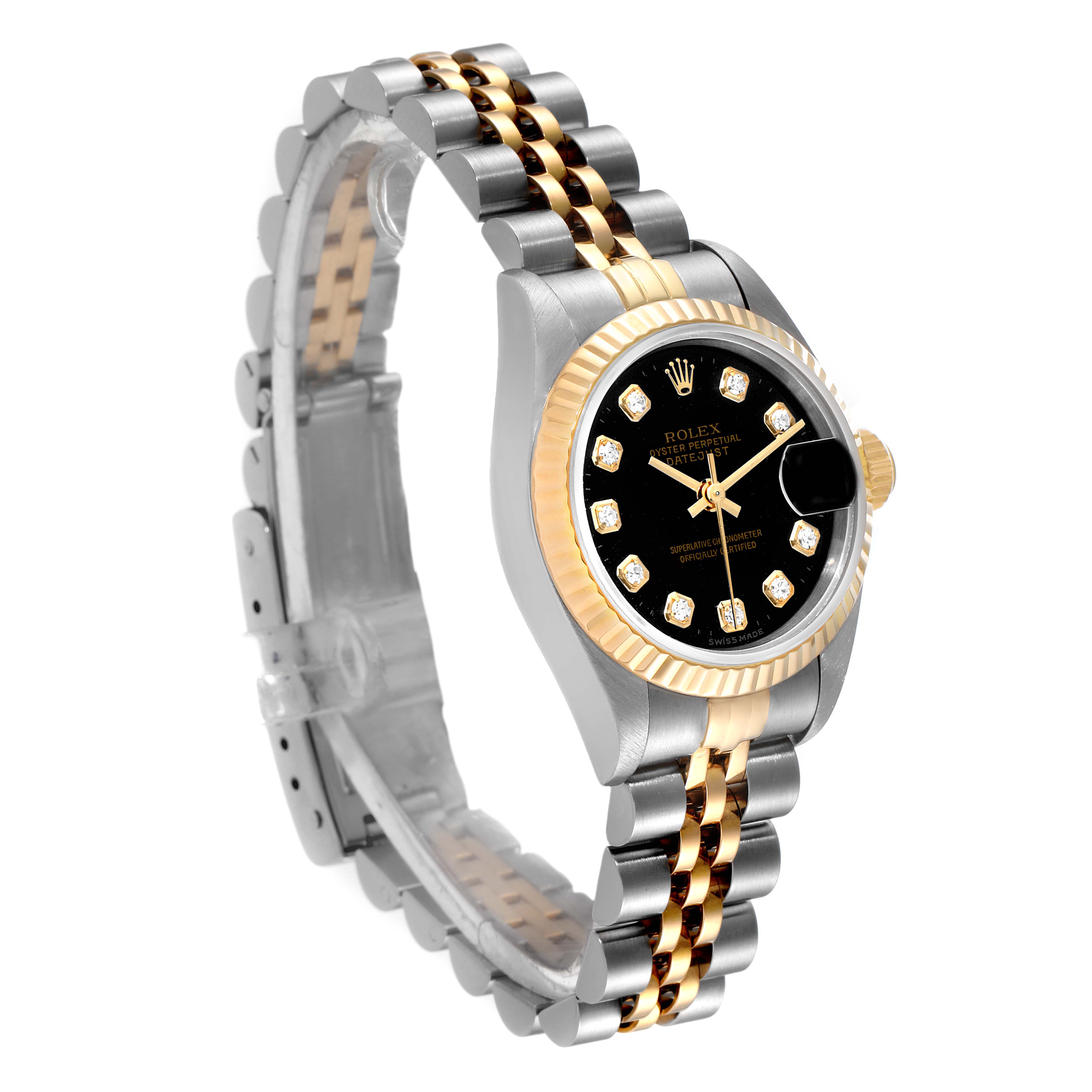 The image shows a Rolex Datejust 69173 Women's Steel and Gold (two tone) Black Dial 69173 Women's Steel and Gold (two tone) Black Dial watch at an angle, featuring its two-tone bracelet, black dial, and fluted bezel.