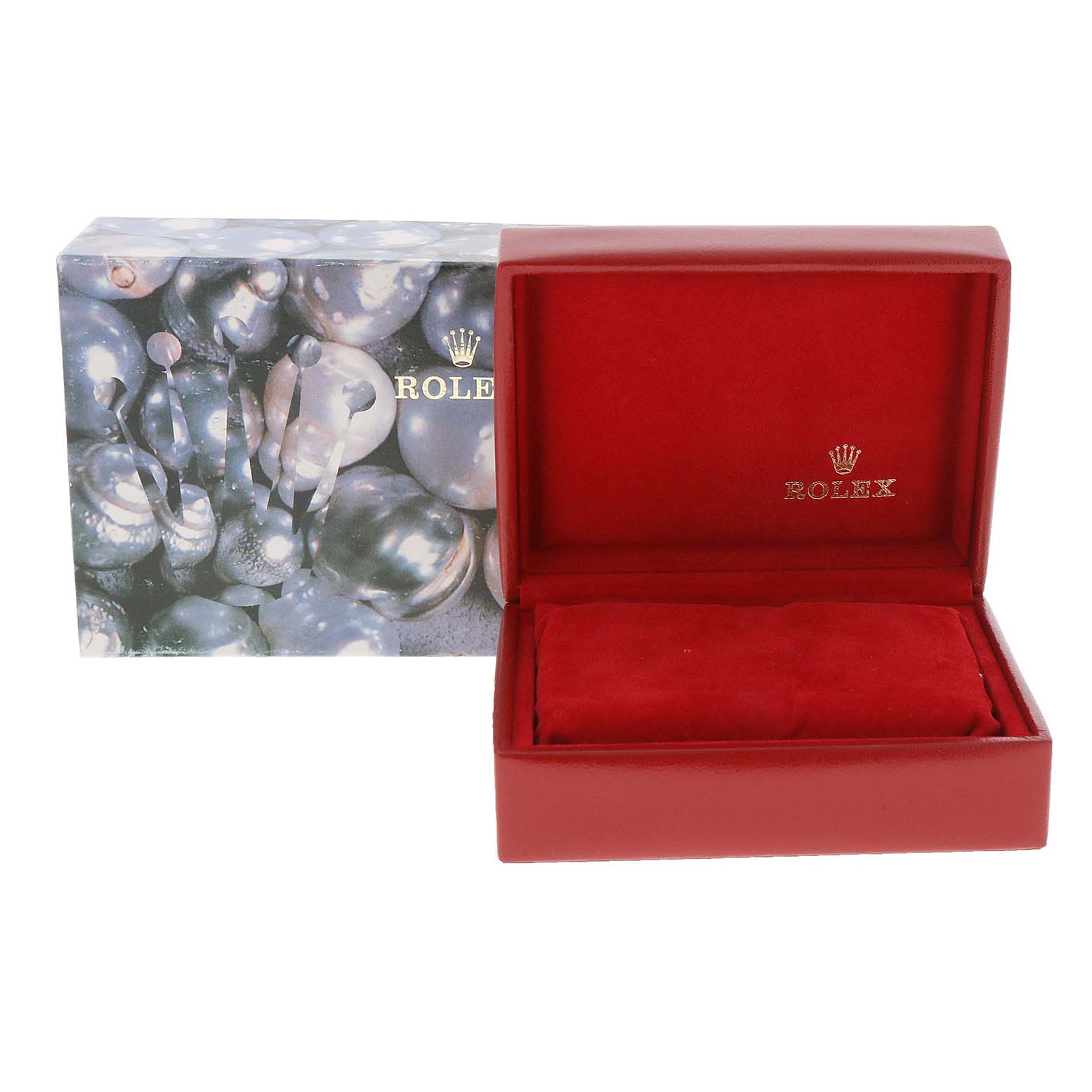 The image shows a Rolex Datejust 69173 Women's Steel and Gold (two tone) Black Dial 69173 Women's Steel and Gold (two tone) Black Dial watch box and its outer packaging from a front angle.