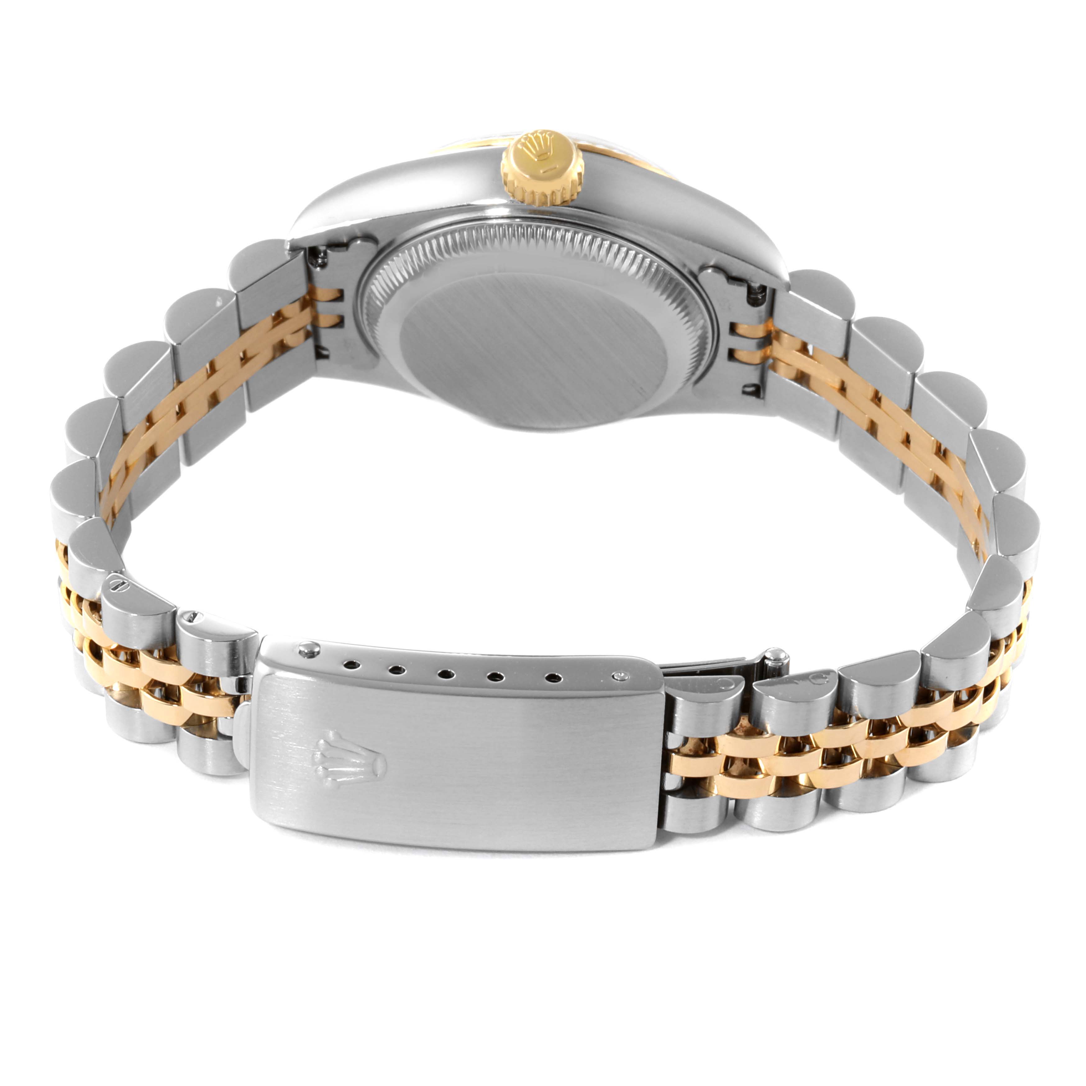 This image shows the case back, crown, and bracelet clasp of the Rolex Datejust 69173 Women's Steel and Gold (two tone) Black Dial 69173 Women's Steel and Gold (two tone) Black Dial watch from the back angle.