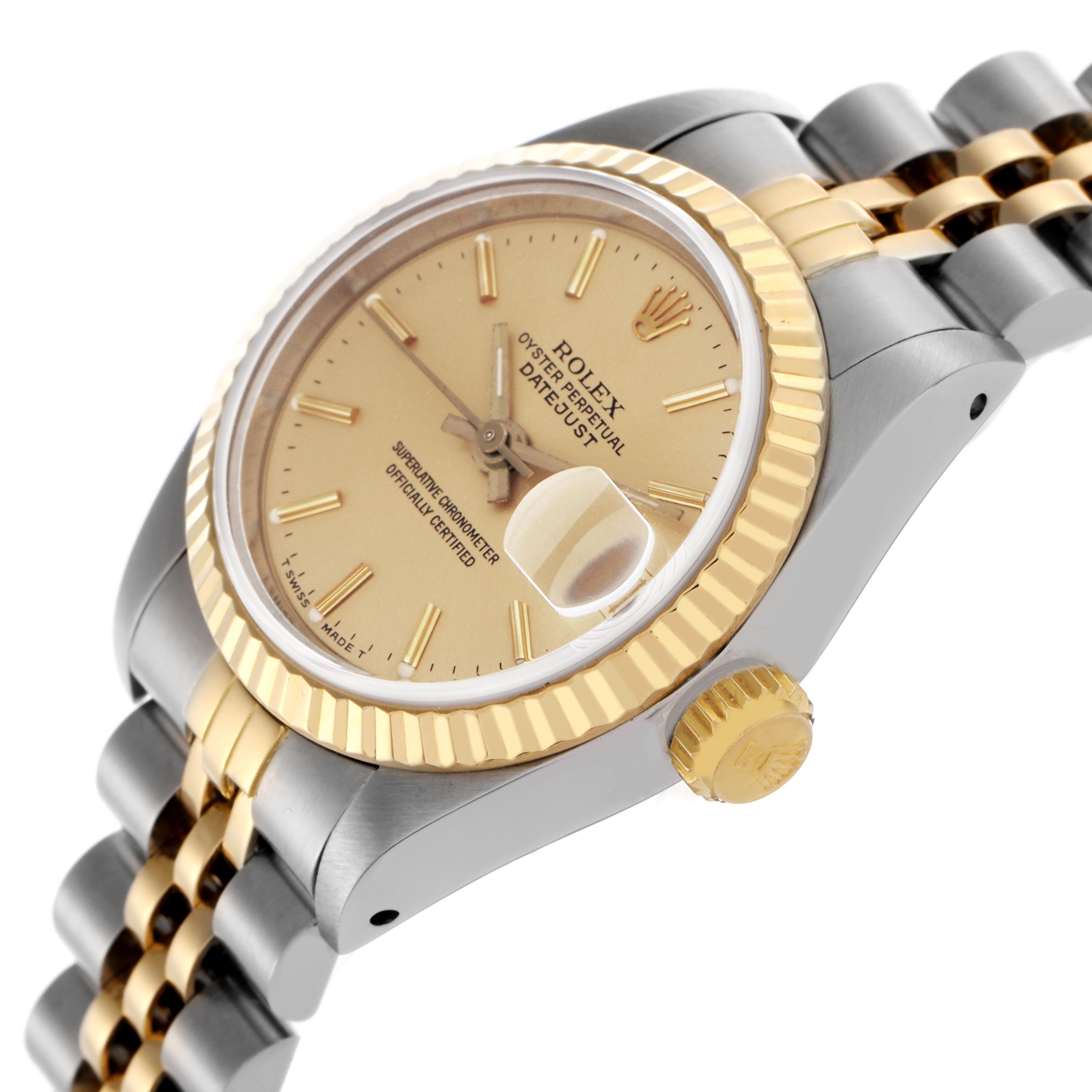 The Rolex Datejust 69173 Women
s Steel and Gold (two tone) Champagne Dial 69173 Women
s Steel and Gold (two tone) Champagne Dial watch is shown from an angled side view featuring the bezel, crown, and part of the bracelet.