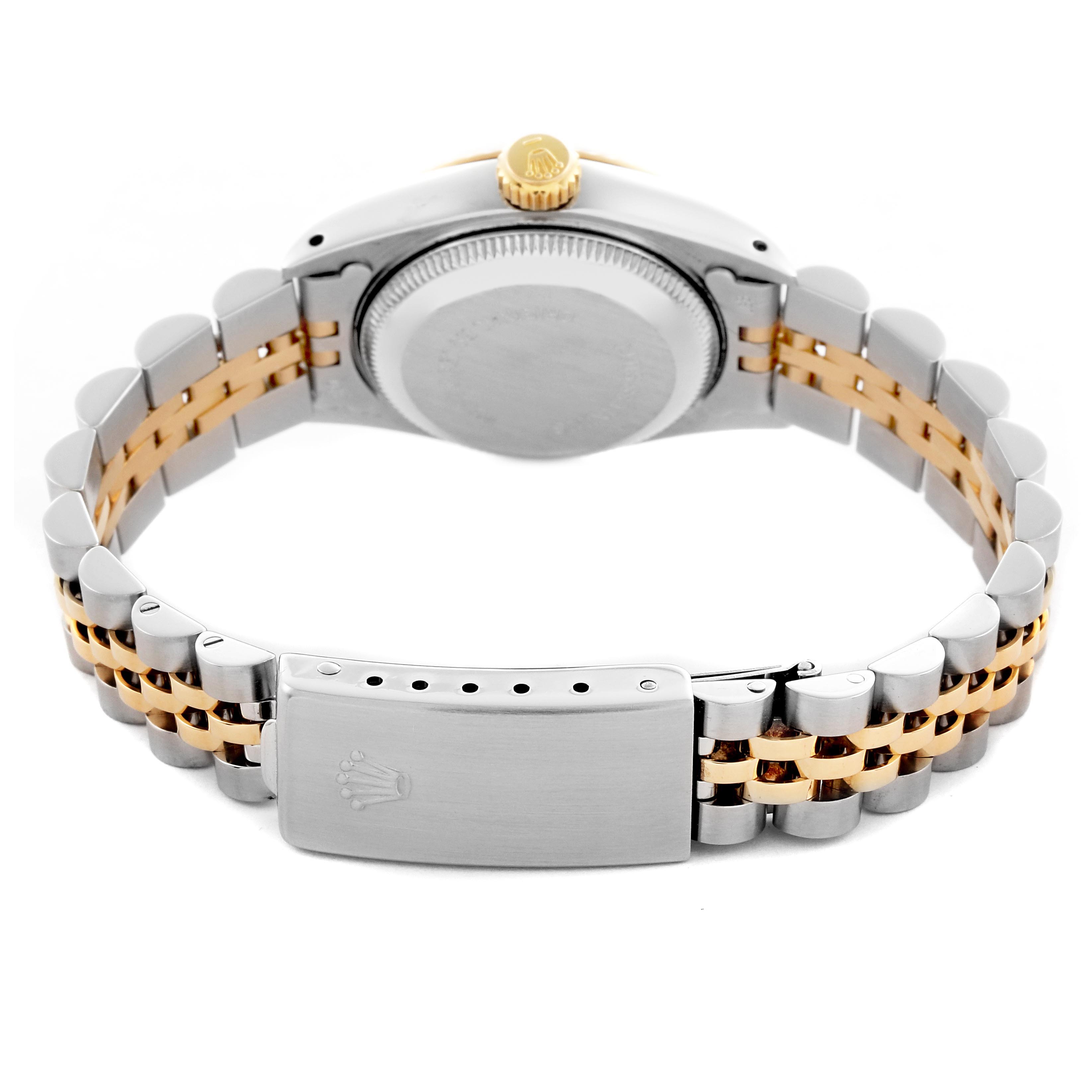 The image shows the back and clasp of a Rolex Datejust 69173 Women
s Steel and Gold (two tone) Champagne Dial 69173 Women
s Steel and Gold (two tone) Champagne Dial, highlighting the two-tone Jubilee bracelet and crown.