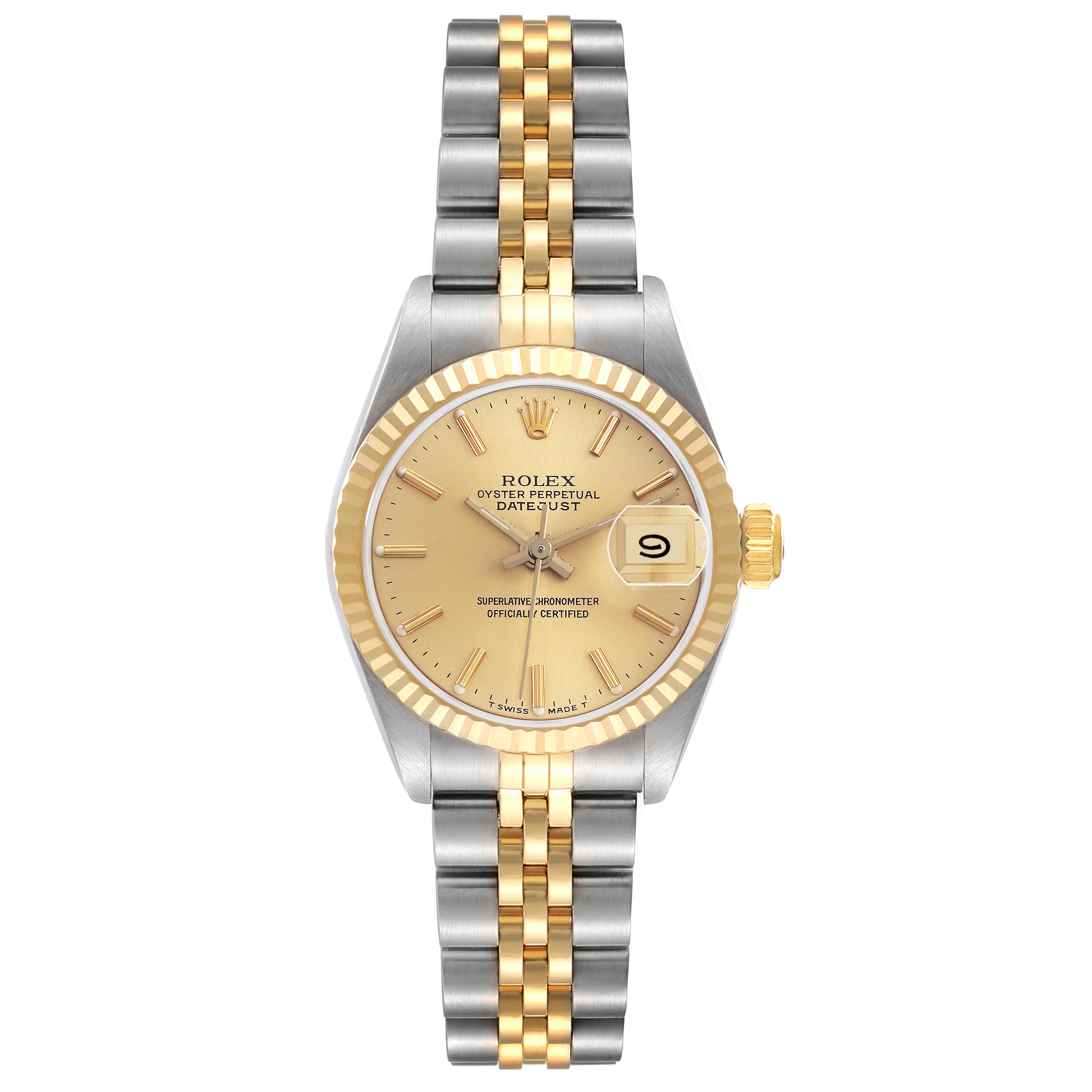 The Rolex Datejust 69173 Women
s Steel and Gold (two tone) Champagne Dial 69173 Women
s Steel and Gold (two tone) Champagne Dial watch is shown from a front angle, displaying the dial, bezel, and two-tone bracelet.