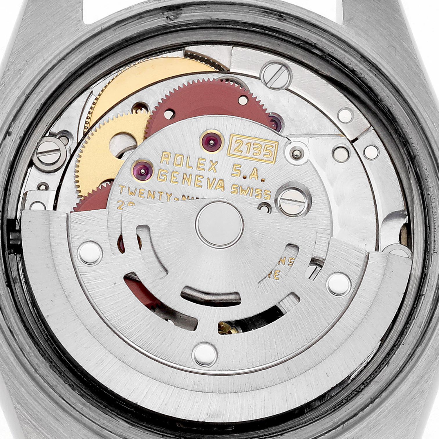 The image shows a top-down view of the Rolex Datejust 69173 Women
s Steel and Gold (two tone) Champagne Dial 69173 Women
s Steel and Gold (two tone) Champagne Dial movement, highlighting gears and internal mechanisms.