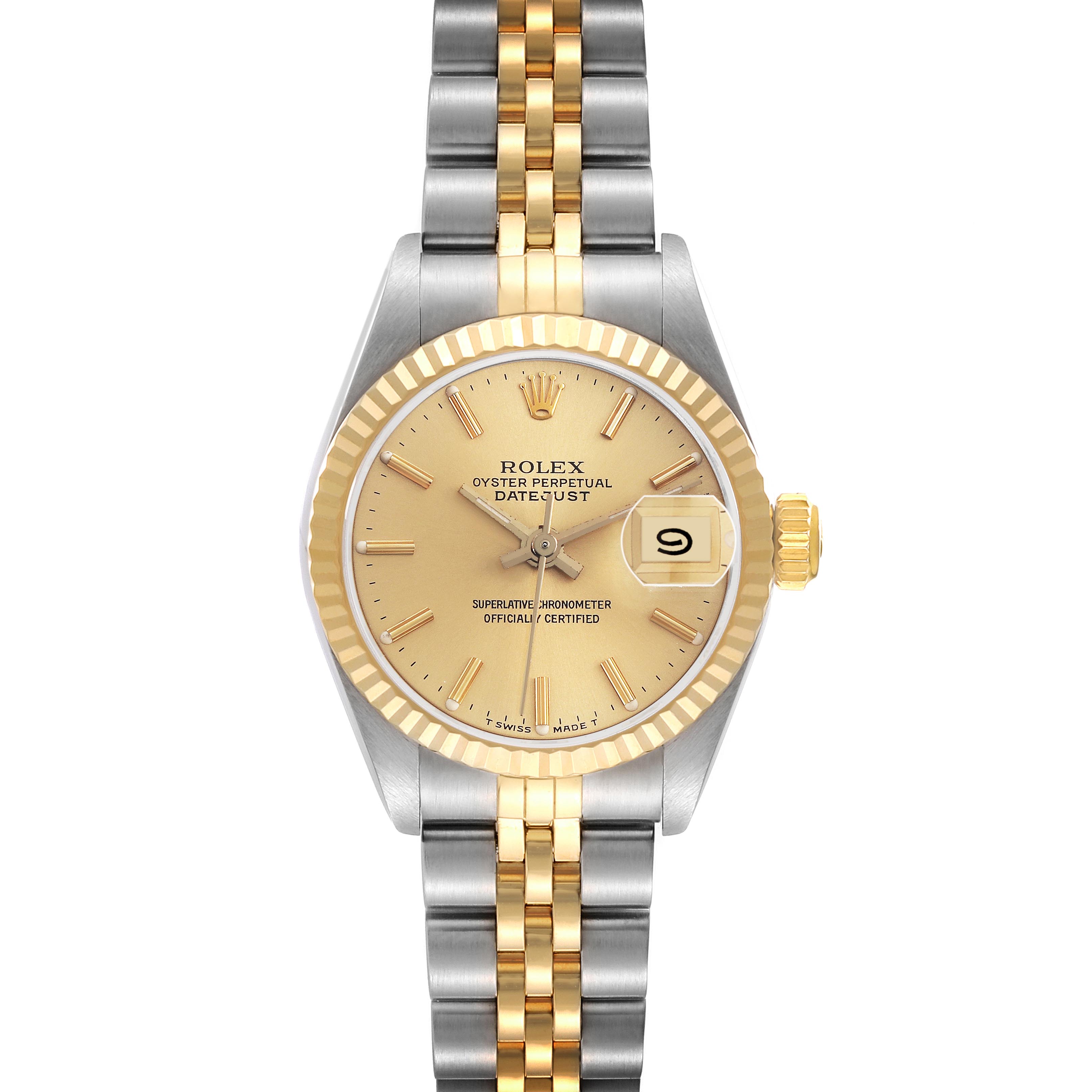 The Rolex Datejust 69173 Women
s Steel and Gold (two tone) Champagne Dial 69173 Women
s Steel and Gold (two tone) Champagne Dial watch is shown from a top-down angle, displaying its face, bezel, and bracelet.