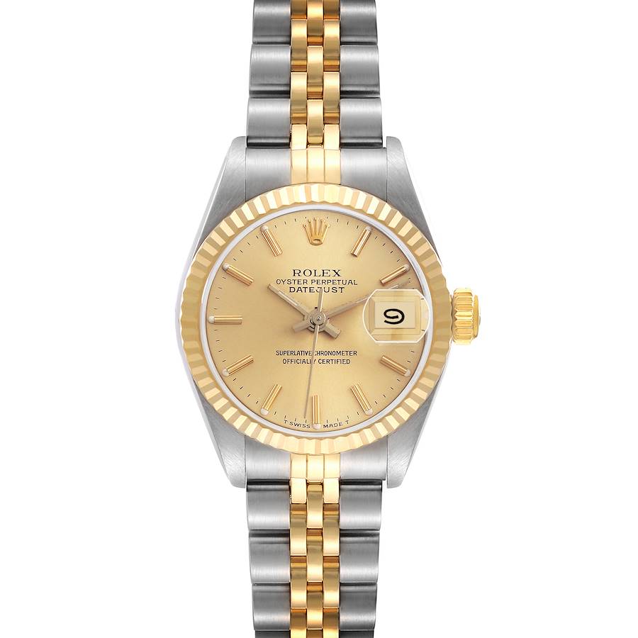 The Rolex Datejust watch is shown from a top-down angle, displaying its face, bezel, and bracelet.