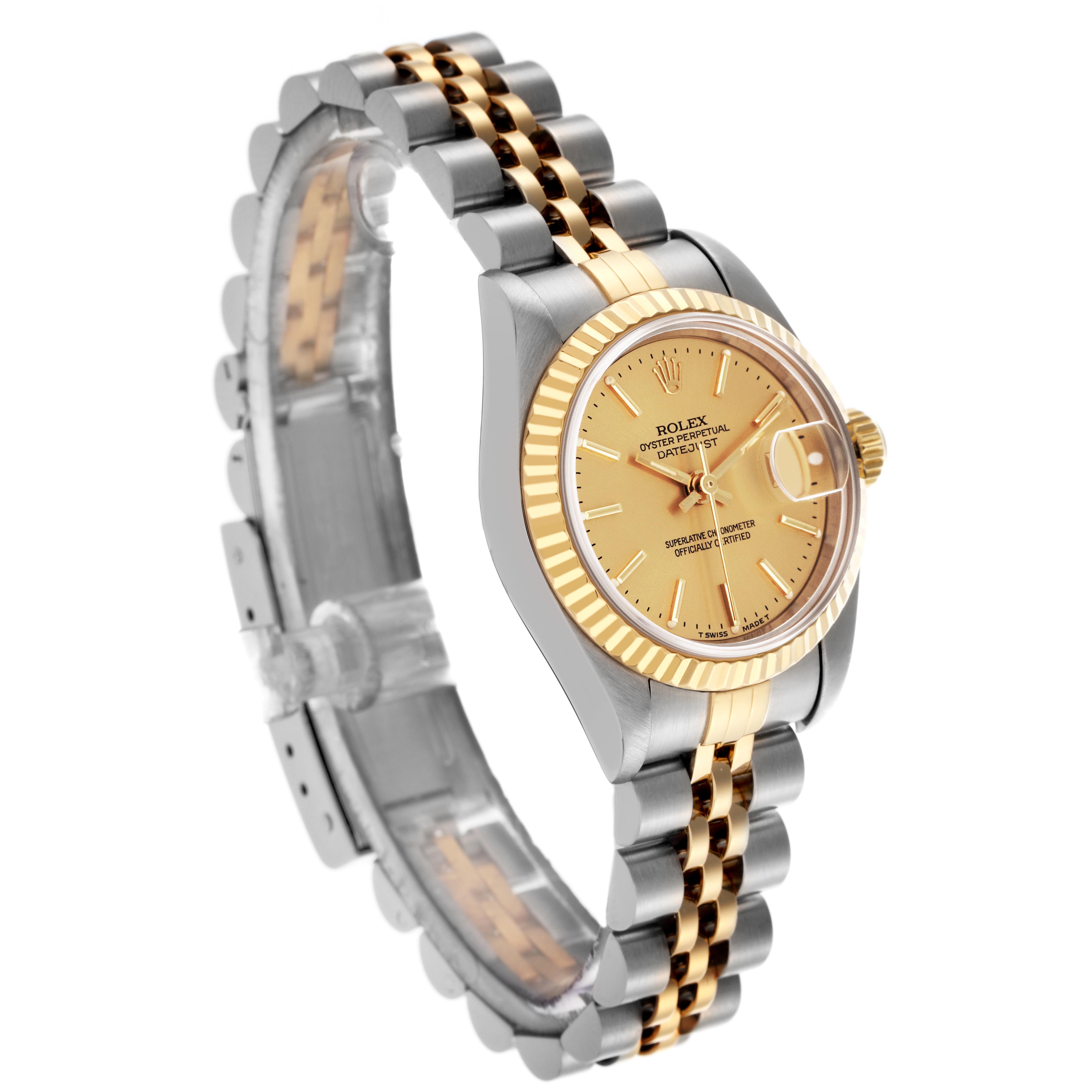 The Rolex Datejust 69173 Women
s Steel and Gold (two tone) Champagne Dial 69173 Women
s Steel and Gold (two tone) Champagne Dial watch is shown at an angled side view, highlighting the dial, bezel, and jubilee bracelet.