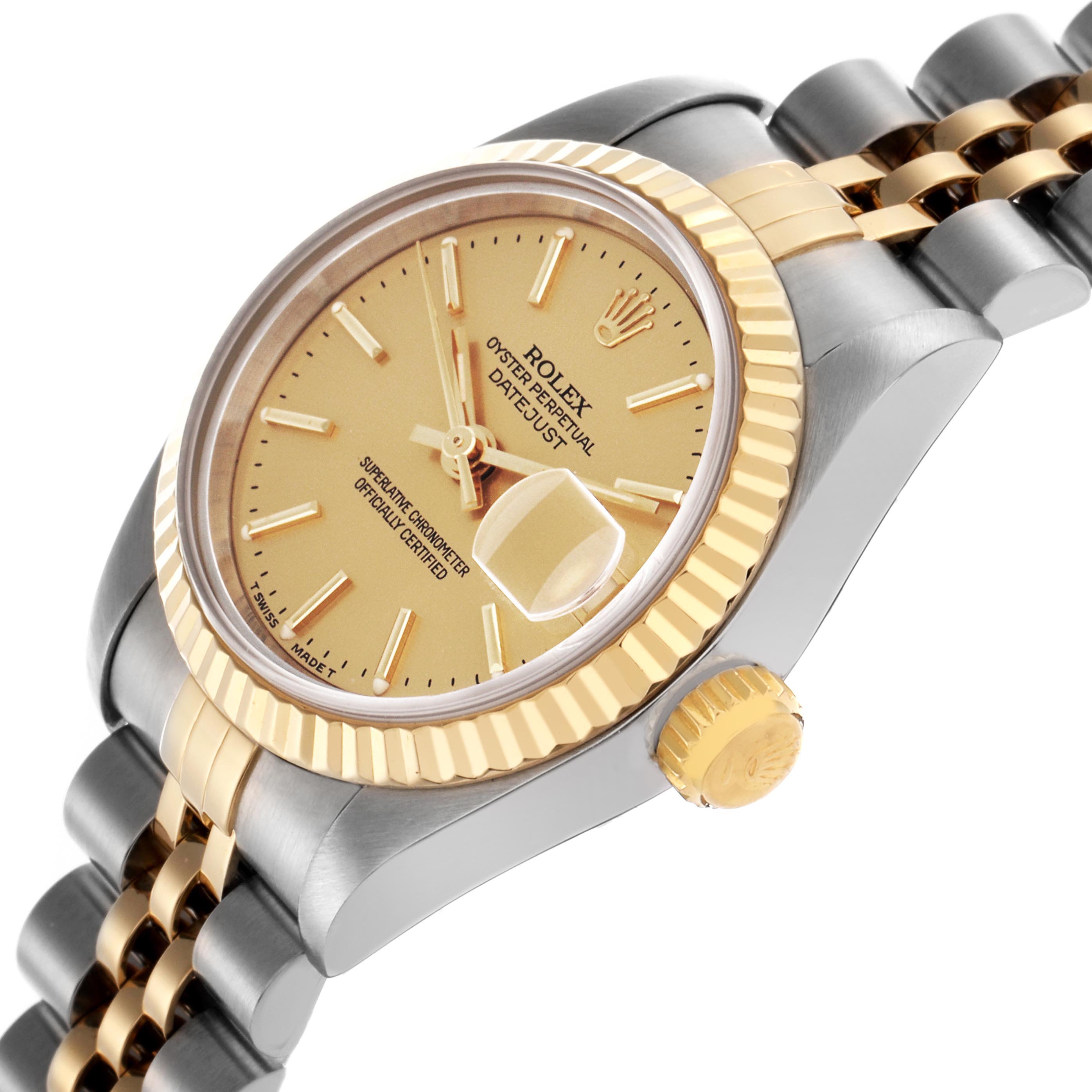 The image shows a Rolex Datejust 69173 Women
s Steel and Gold (two tone) Champagne Dial 69173 Women
s Steel and Gold (two tone) Champagne Dial watch at an angle highlighting the bezel, crown, and part of the bracelet.