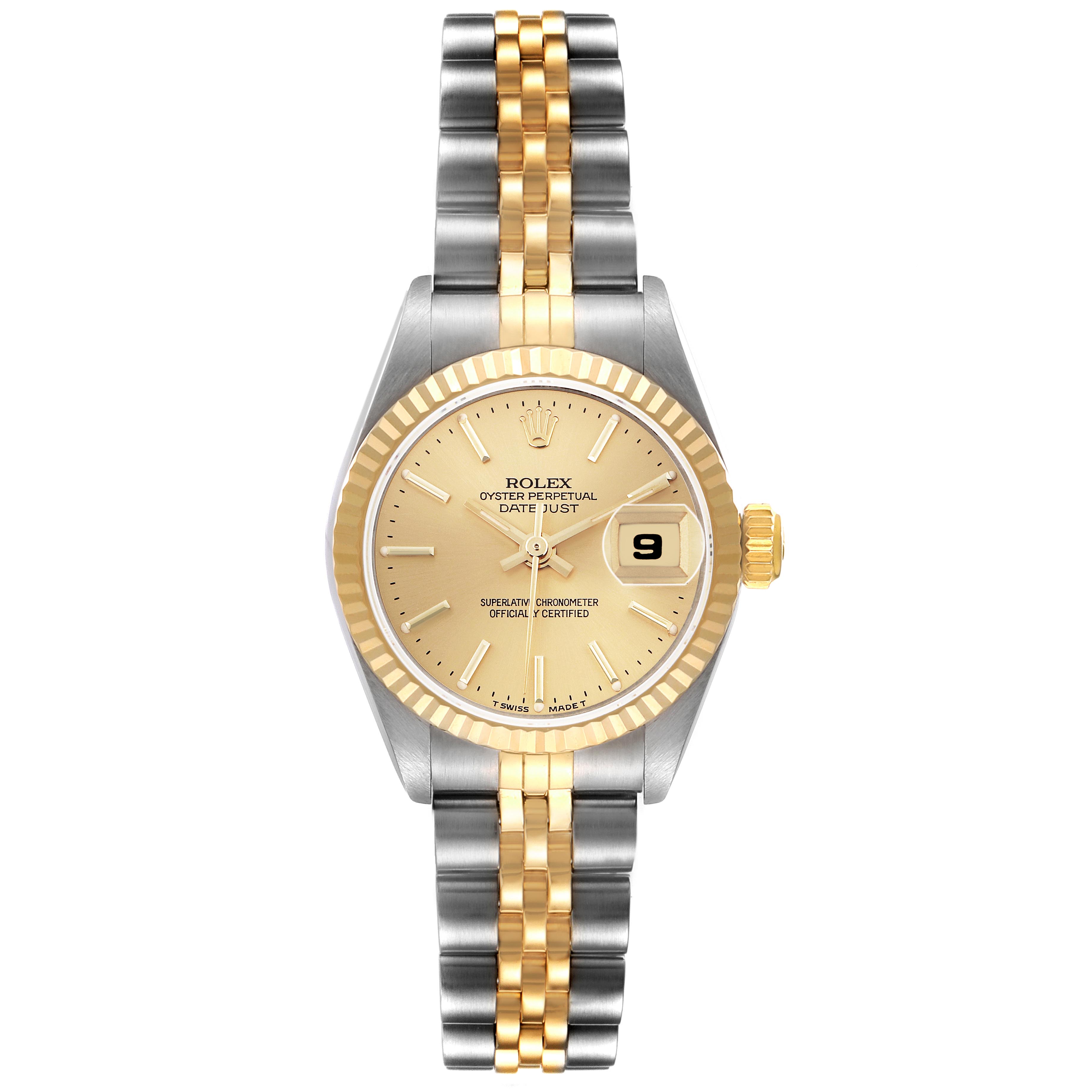 The Rolex Datejust 69173 Women
s Steel and Gold (two tone) Champagne Dial 69173 Women
s Steel and Gold (two tone) Champagne Dial watch is shown from a top-down angle, displaying the face, bezel, and full bracelet.