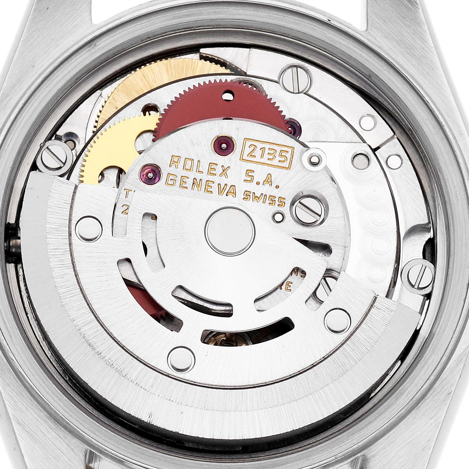The image shows the movement mechanism of a Rolex Datejust 69173 Women
s Steel and Gold (two tone) Champagne Dial 69173 Women
s Steel and Gold (two tone) Champagne Dial watch, viewed from the back, highlighting gears and components.