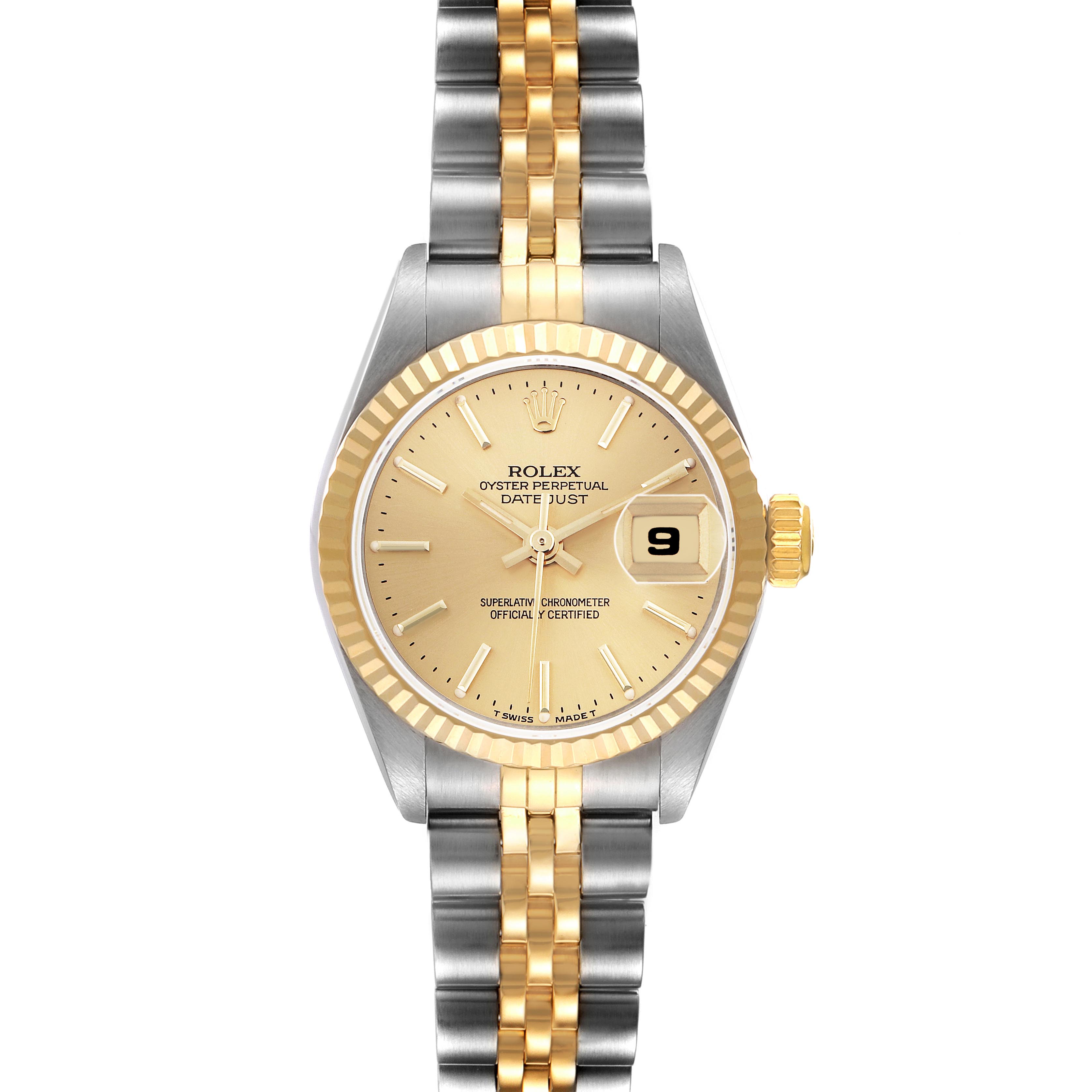 The Rolex Datejust 69173 Women
s Steel and Gold (two tone) Champagne Dial 69173 Women
s Steel and Gold (two tone) Champagne Dial watch is shown from the front, highlighting the dial, fluted bezel, and two-tone Jubilee bracelet.