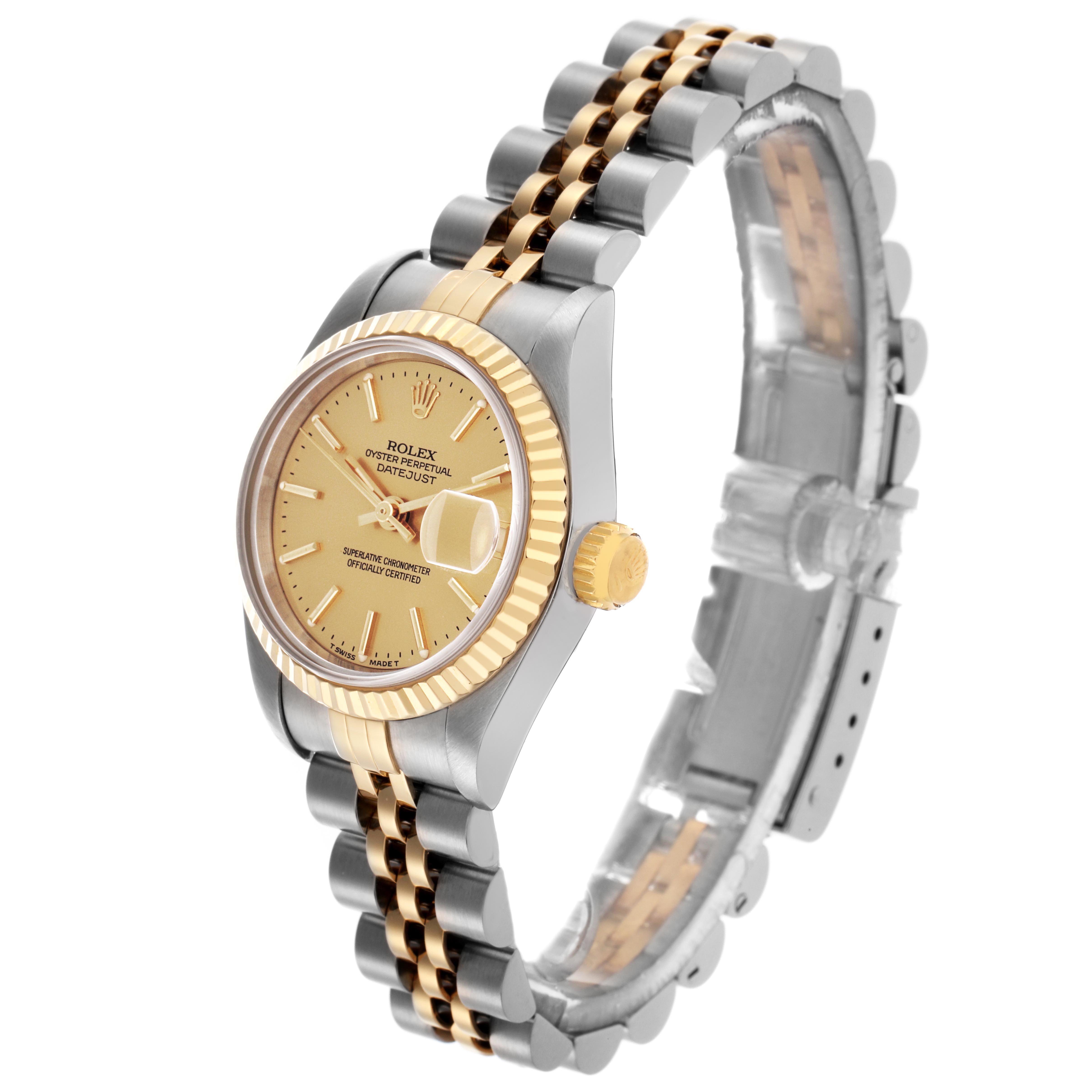 The Rolex Datejust 69173 Women
s Steel and Gold (two tone) Champagne Dial 69173 Women
s Steel and Gold (two tone) Champagne Dial watch is shown at a three-quarter angle, highlighting the dial, bezel, crown, and two-tone Jubilee bracelet.