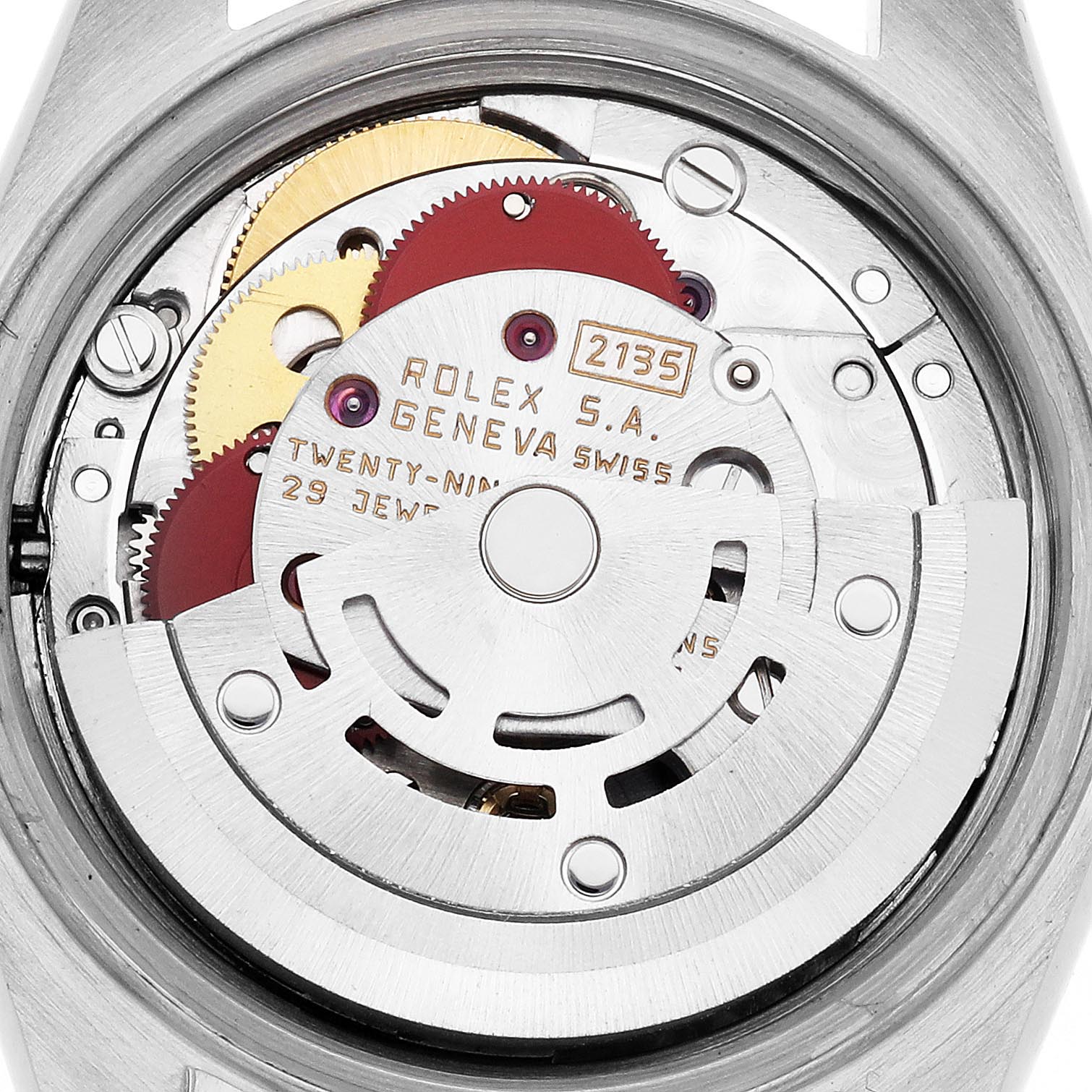 The image shows the inner movement of a Rolex Datejust 69173 Women
s Steel and Gold (two tone) Champagne Dial 69173 Women
s Steel and Gold (two tone) Champagne Dial watch, highlighting gears and the rotor.