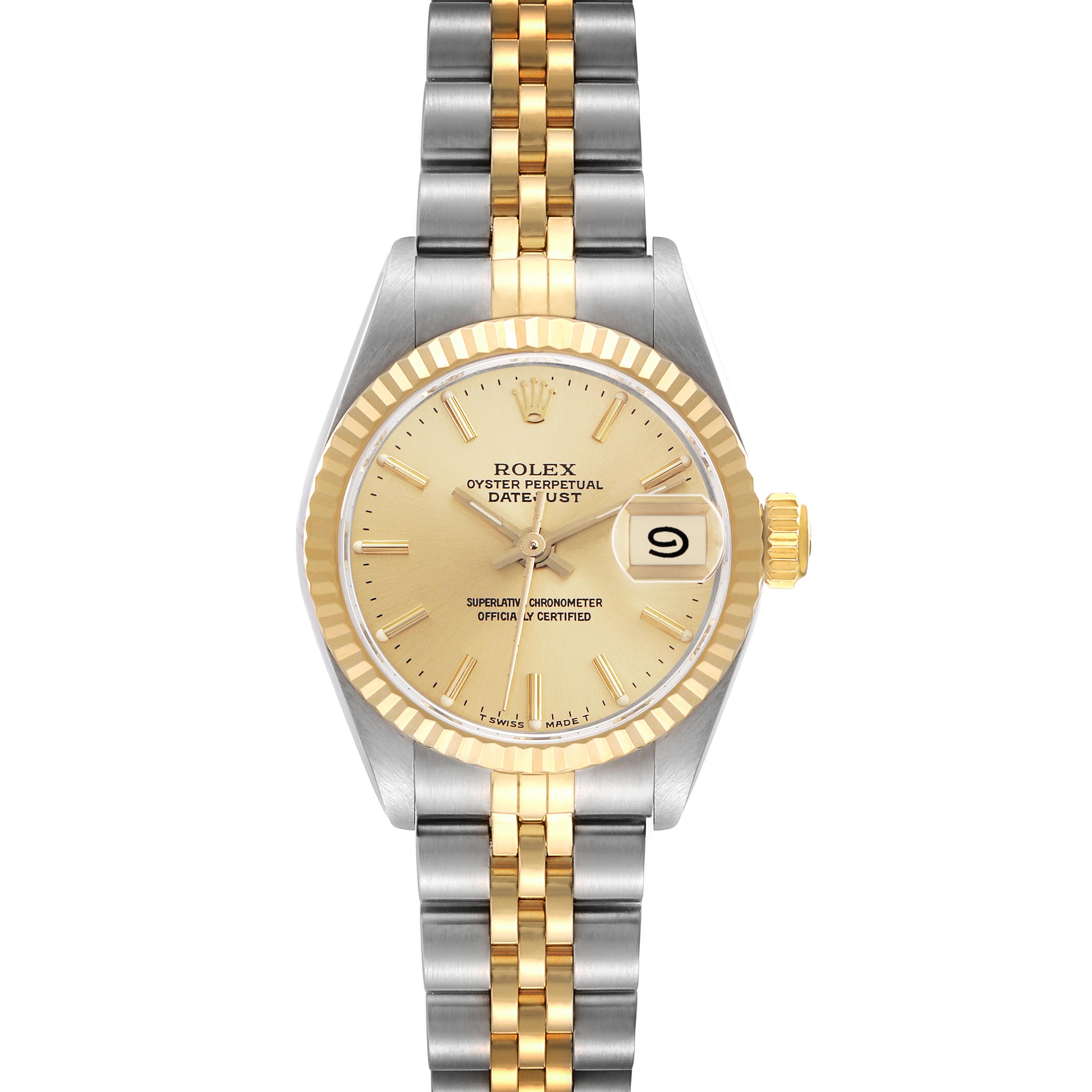 The Rolex Datejust 69173 Women
s Steel and Gold (two tone) Champagne Dial 69173 Women
s Steel and Gold (two tone) Champagne Dial watch is shown from a top-down angle, displaying its dial, bezel, and bracelet.