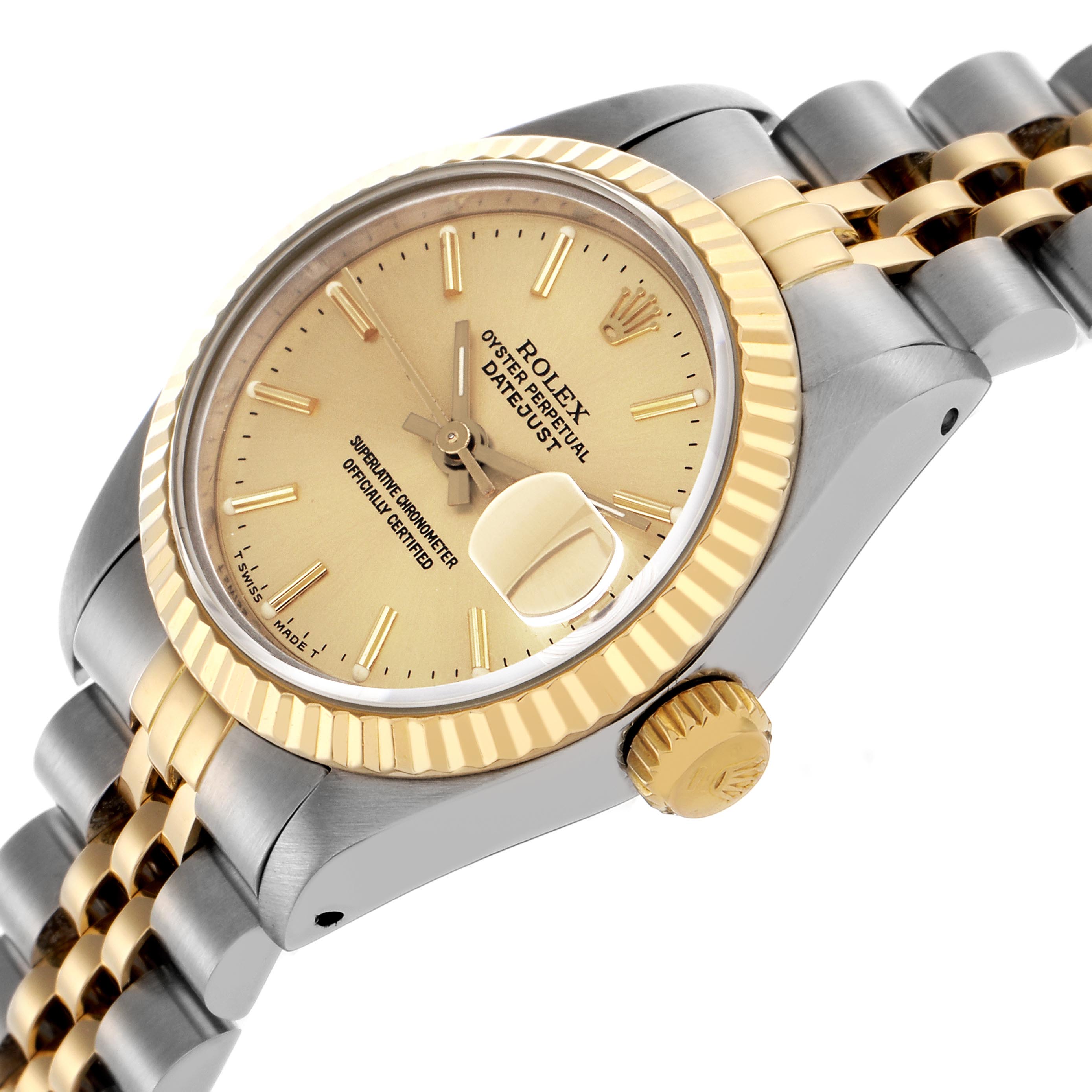 The Rolex Datejust 69173 Women
s Steel and Gold (two tone) Champagne Dial 69173 Women
s Steel and Gold (two tone) Champagne Dial watch is shown at a tilted angle, highlighting the dial, bezel, crown, and part of the bracelet.