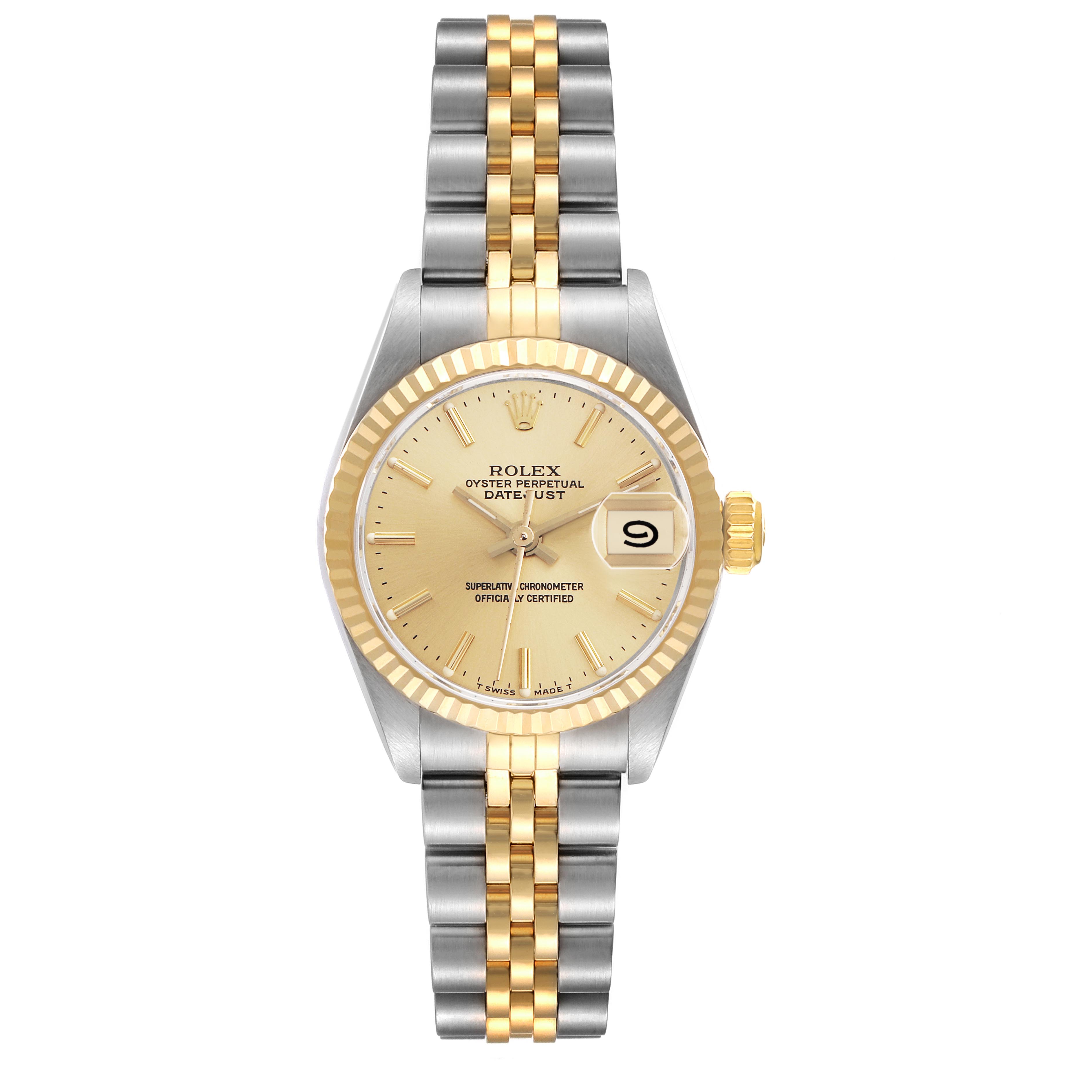 The Rolex Datejust 69173 Women
s Steel and Gold (two tone) Champagne Dial 69173 Women
s Steel and Gold (two tone) Champagne Dial watch is shown from the front, displaying its dial, bezel, crown, and full bracelet.