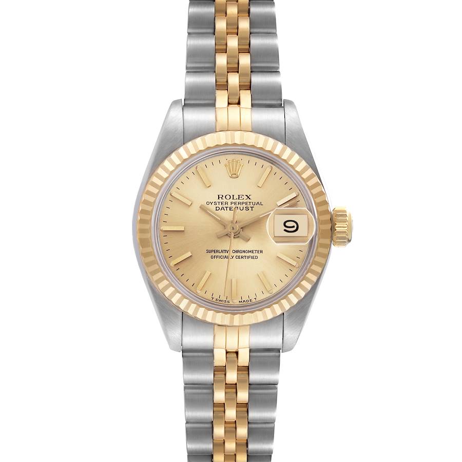 The image shows a frontal view of a Rolex Datejust, highlighting its dial, fluted bezel, and two-tone bracelet.