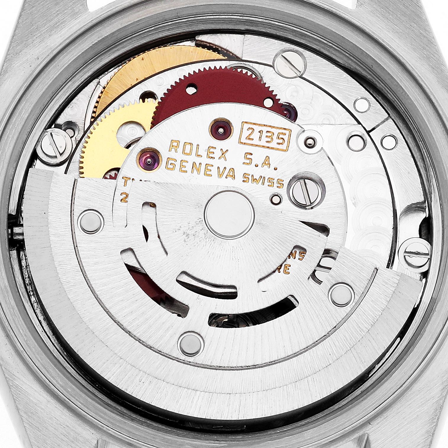 The image shows the movement of a Rolex Datejust 69173 Women's Steel and Gold (two tone) Champagne Dial 69173 Women's Steel and Gold (two tone) Champagne Dial from a top-down angle, displaying its intricate gears and components.