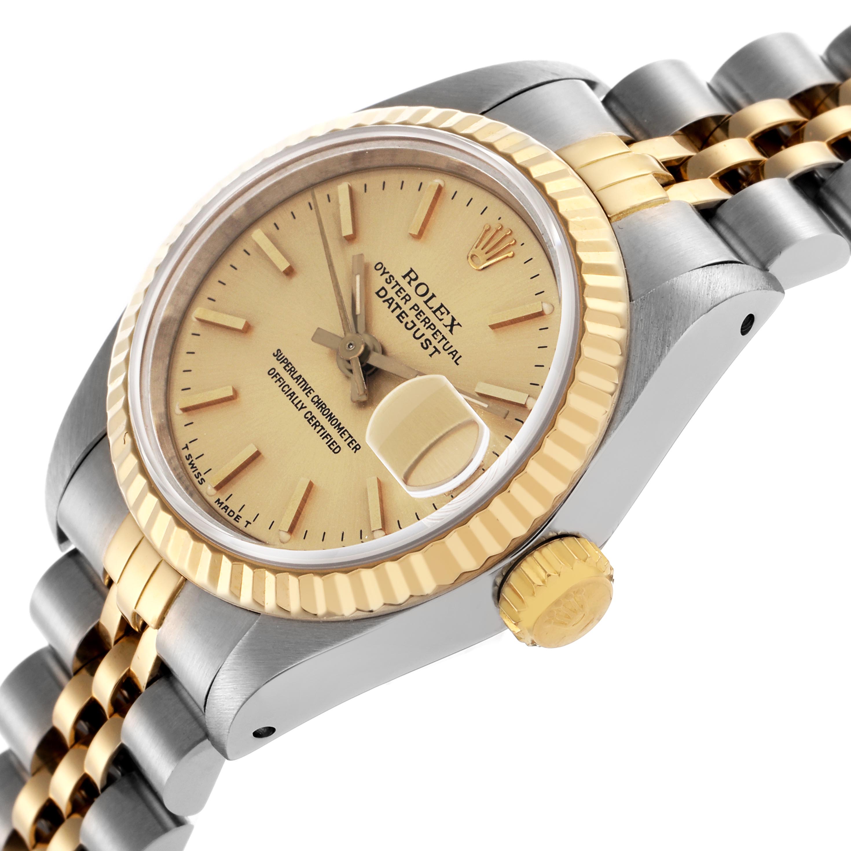 The Rolex Datejust 69173 Women's Steel and Gold (two tone) Champagne Dial 69173 Women's Steel and Gold (two tone) Champagne Dial watch is shown at an angled close-up, highlighting the dial, fluted bezel, crown, and two-tone bracelet.