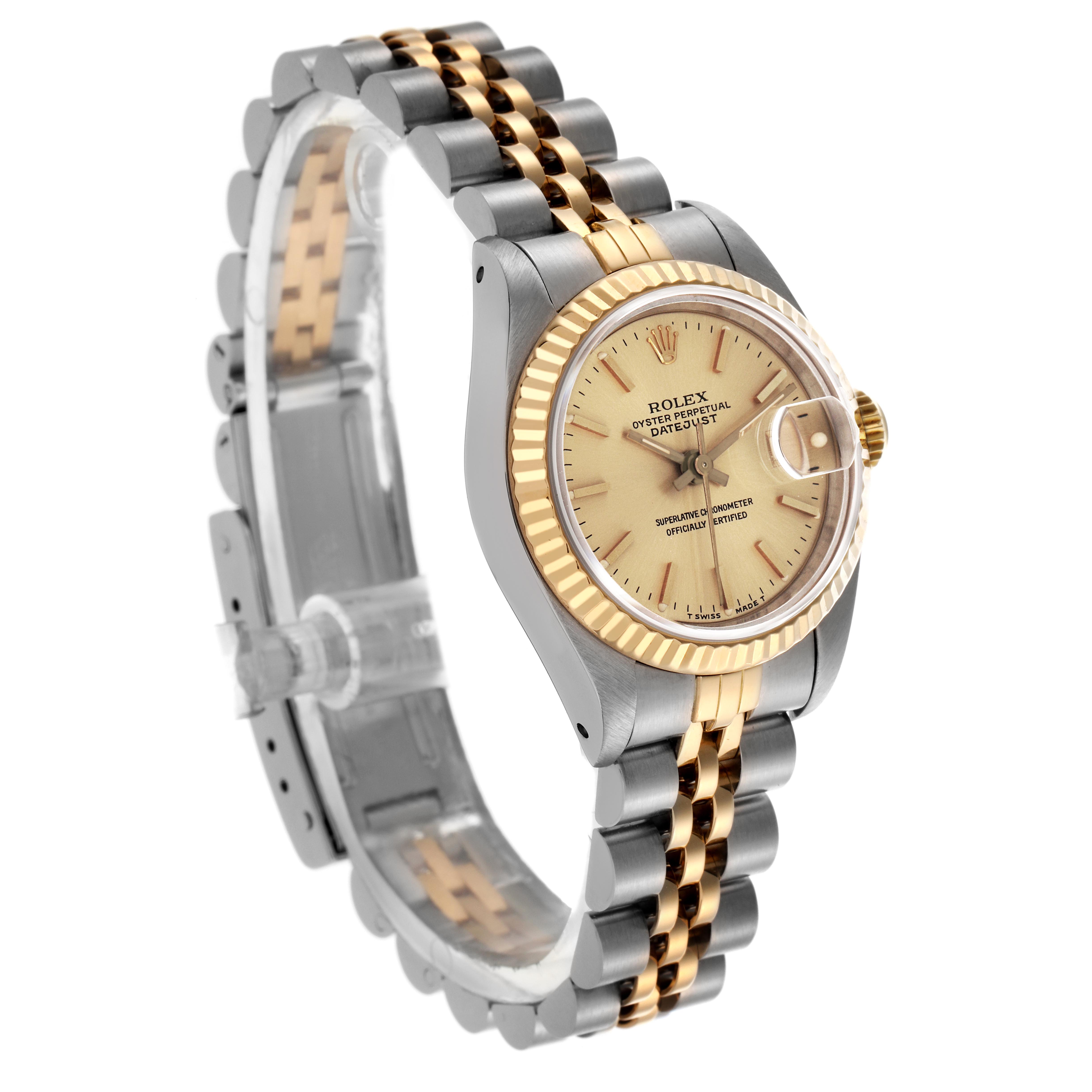 The Rolex Datejust 69173 Women's Steel and Gold (two tone) Champagne Dial 69173 Women's Steel and Gold (two tone) Champagne Dial watch is shown at a three-quarter angle, highlighting the bezel, dial, and two-tone bracelet.