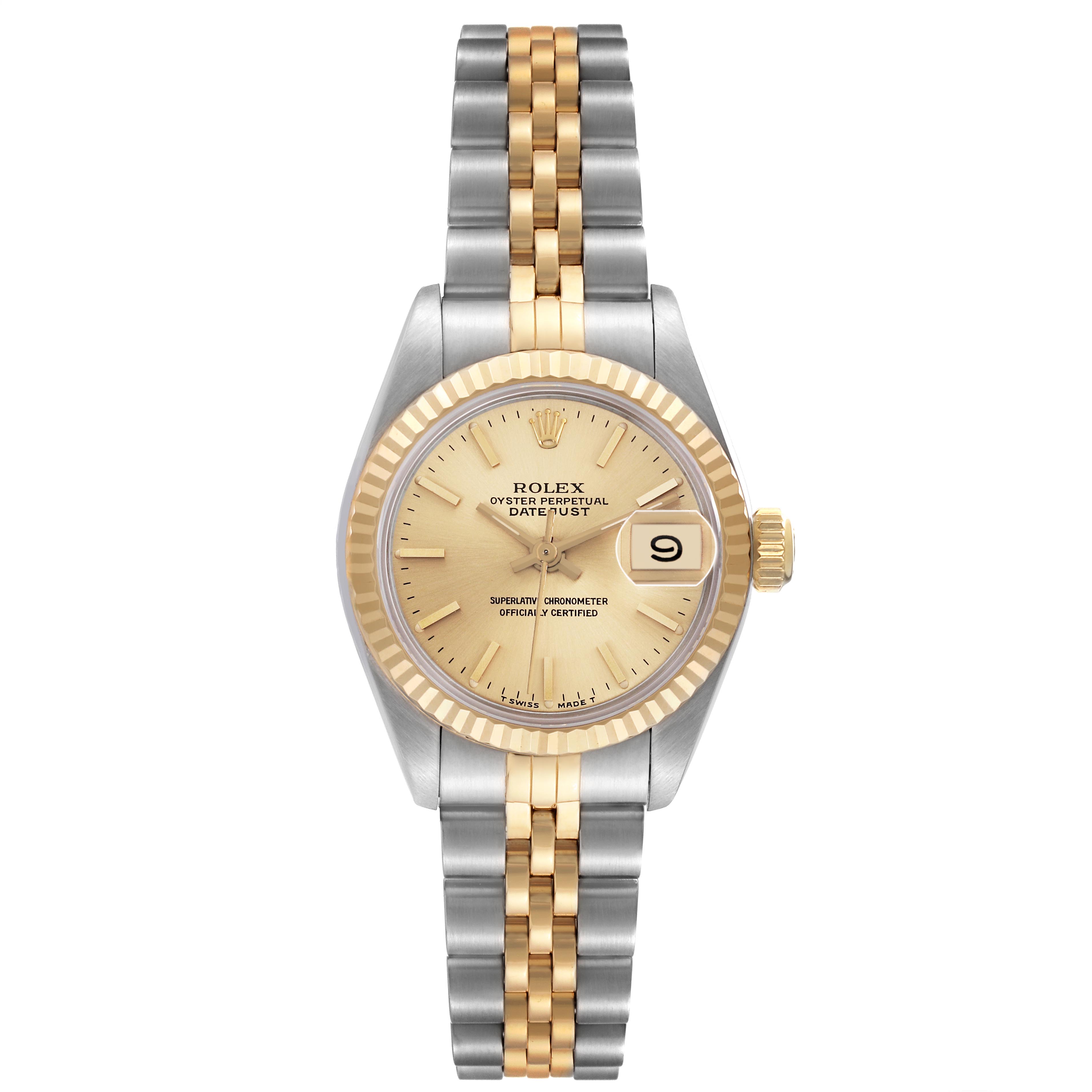 The Rolex Datejust 69173 Women's Steel and Gold (two tone) Champagne Dial 69173 Women's Steel and Gold (two tone) Champagne Dial watch is shown from the front, highlighting its face, bezel, and two-tone bracelet.