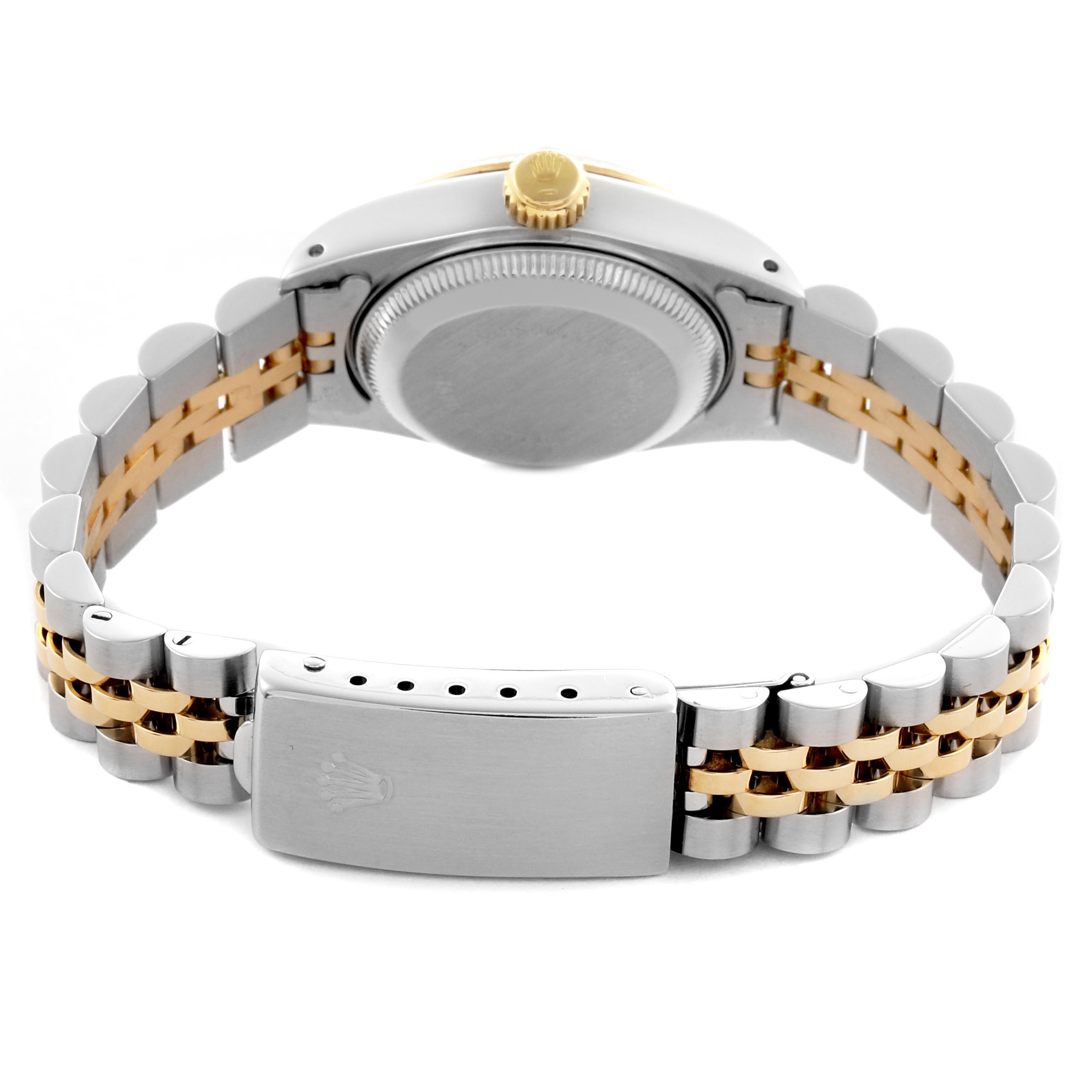 The image shows the back of a Rolex Datejust 69173 Women's Steel and Gold (two tone) Champagne Dial 69173 Women's Steel and Gold (two tone) Champagne Dial watch, highlighting the case back, jubilee bracelet, and clasp.