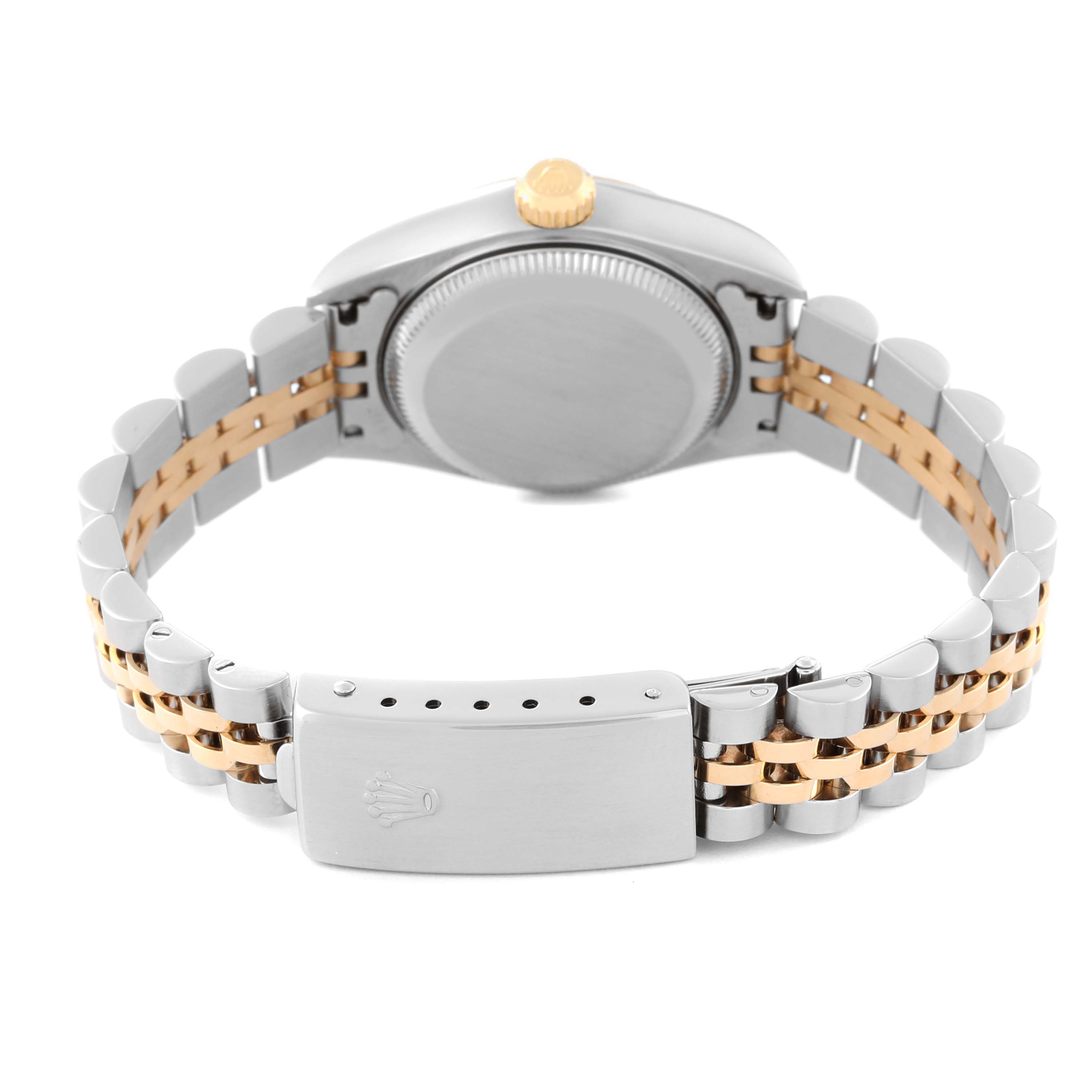 The image shows the back of a Rolex Datejust 79173 Women's Steel and Gold (two tone) Champagne Dial 79173 Women's Steel and Gold (two tone) Champagne Dial watch, including its case back, crown, and two-tone bracelet with the clasp.