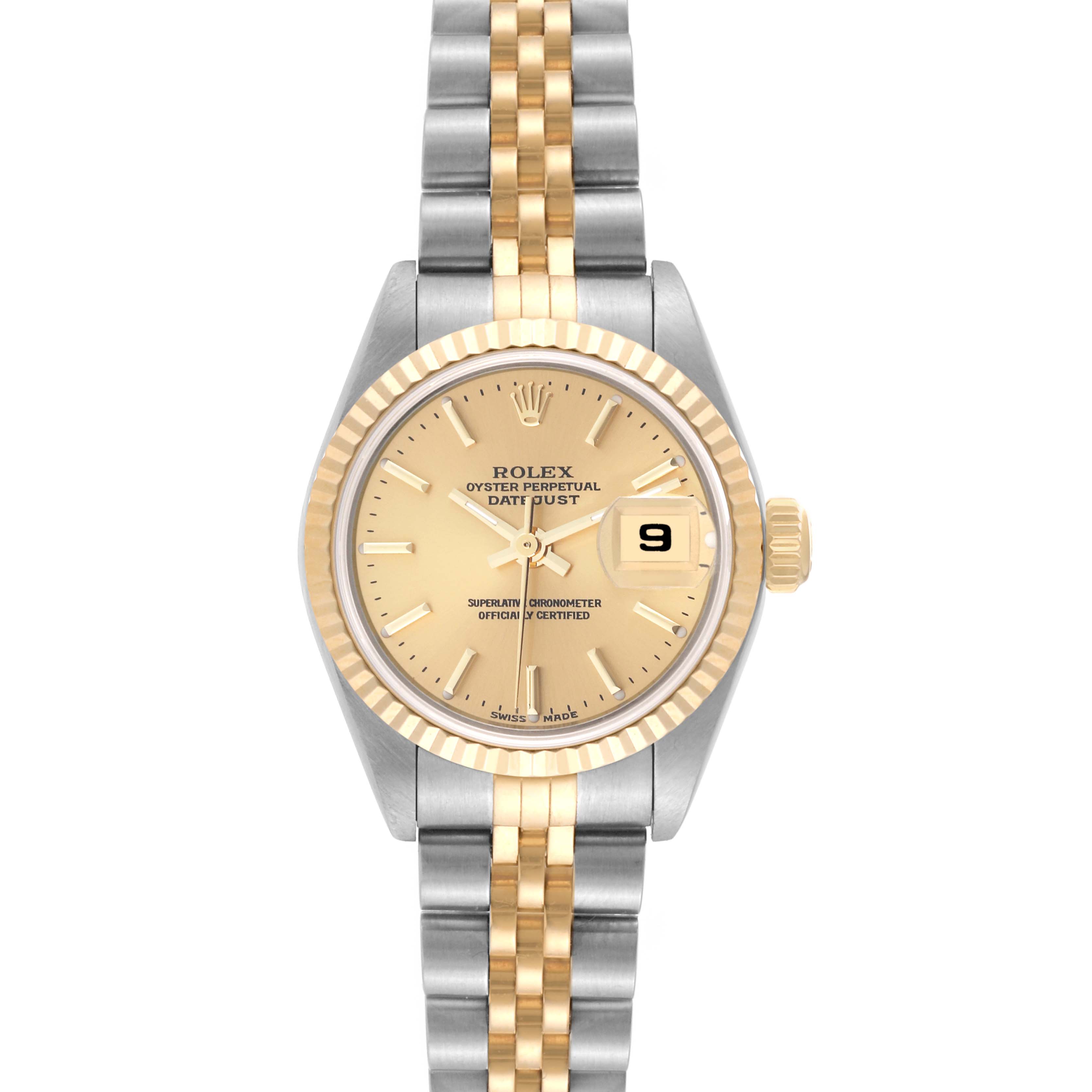 The image shows a front view of the Rolex Datejust 79173 Women's Steel and Gold (two tone) Champagne Dial 79173 Women's Steel and Gold (two tone) Champagne Dial watch, highlighting its dial, bezel, and two-tone bracelet.