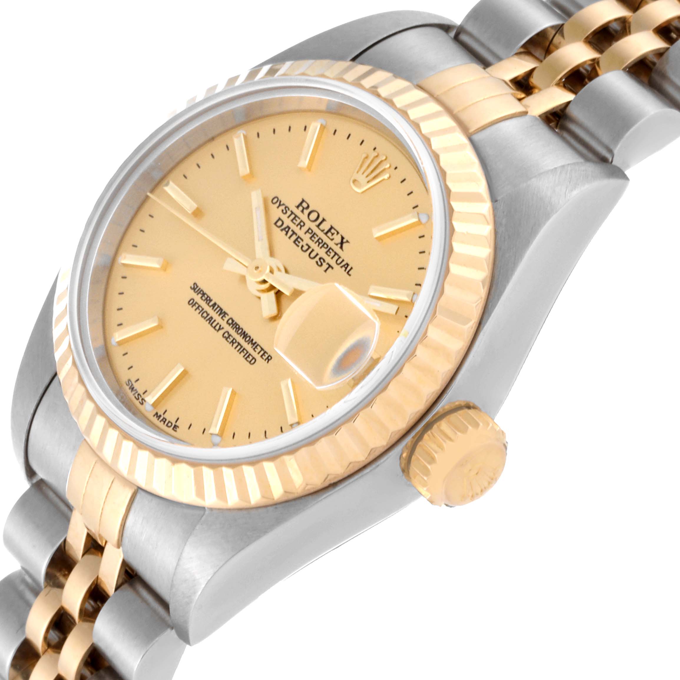 The image shows a Rolex Datejust 79173 Women's Steel and Gold (two tone) Champagne Dial 79173 Women's Steel and Gold (two tone) Champagne Dial watch at a slight front side angle, highlighting the dial, bezel, crown, and bracelet.
