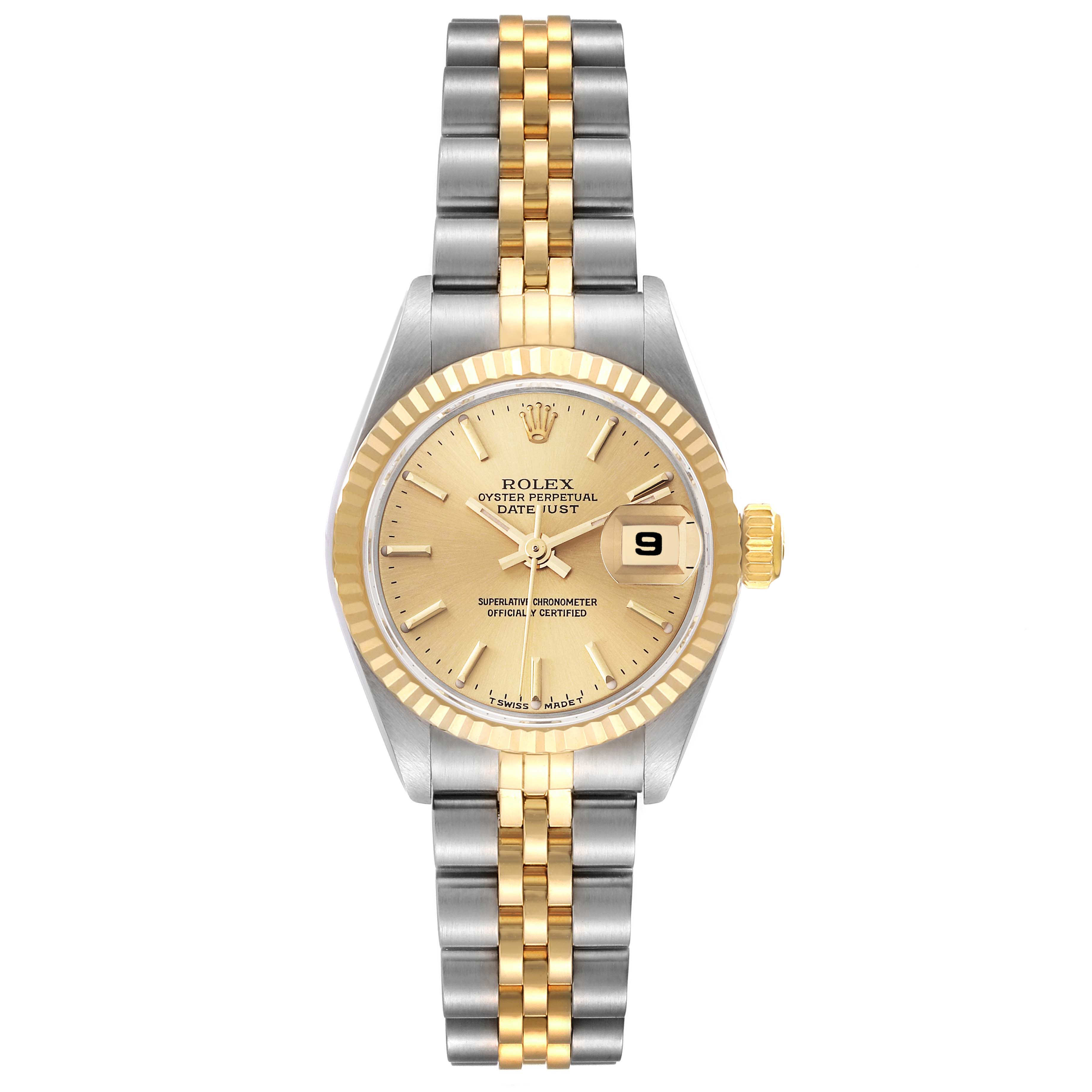 The image shows a front view of a Rolex Datejust 79173 Women's Steel and Gold (two tone) Champagne Dial 79173 Women's Steel and Gold (two tone) Champagne Dial watch, highlighting the gold and silver bracelet, crown, and date display.