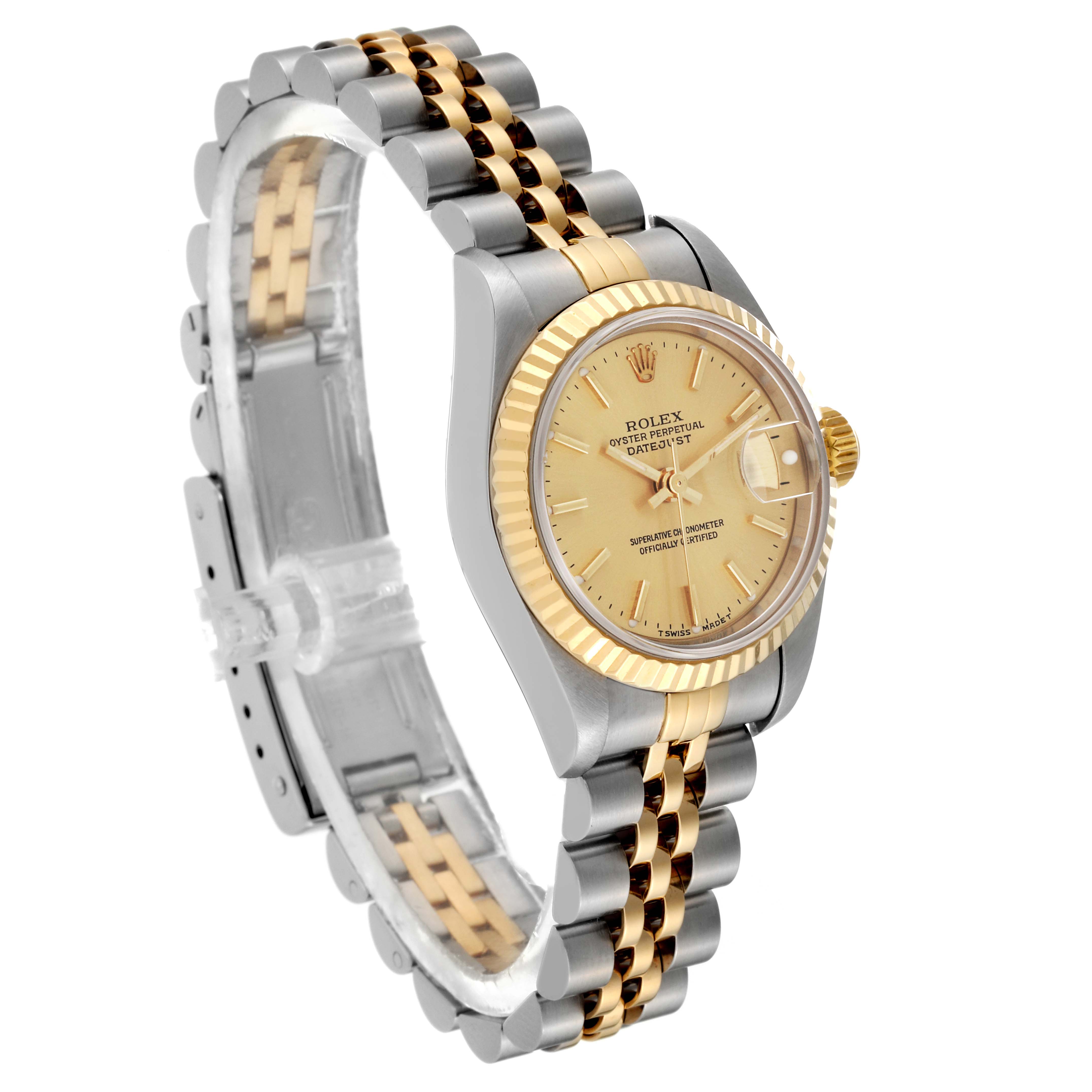 The image shows a Rolex Datejust 79173 Women's Steel and Gold (two tone) Champagne Dial 79173 Women's Steel and Gold (two tone) Champagne Dial watch at an angled sideview, emphasizing the face, bezel, and two-tone bracelet.