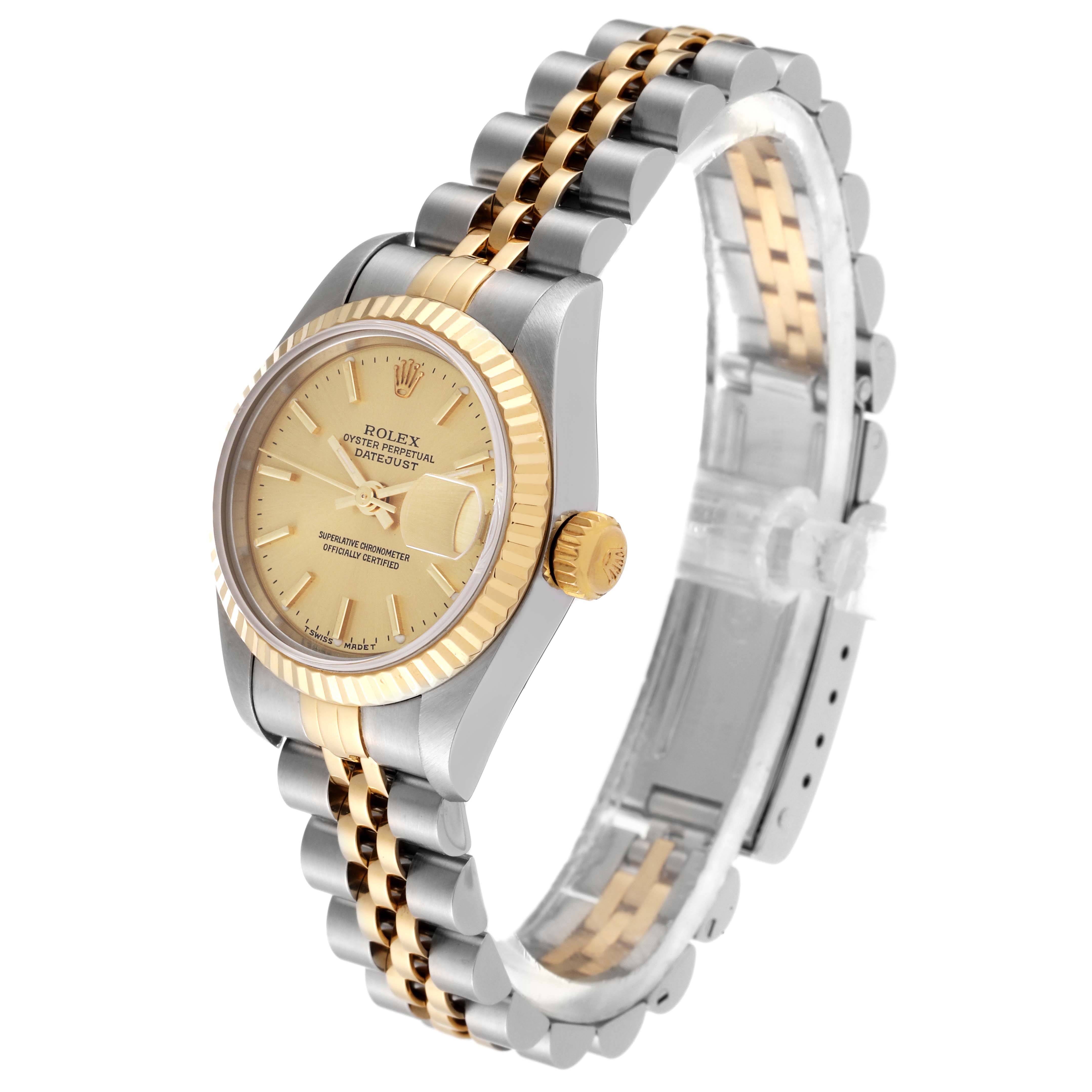 The Rolex Datejust 79173 Women's Steel and Gold (two tone) Champagne Dial 79173 Women's Steel and Gold (two tone) Champagne Dial watch is shown at an oblique angle, displaying the face, crown, and two-tone bracelet.