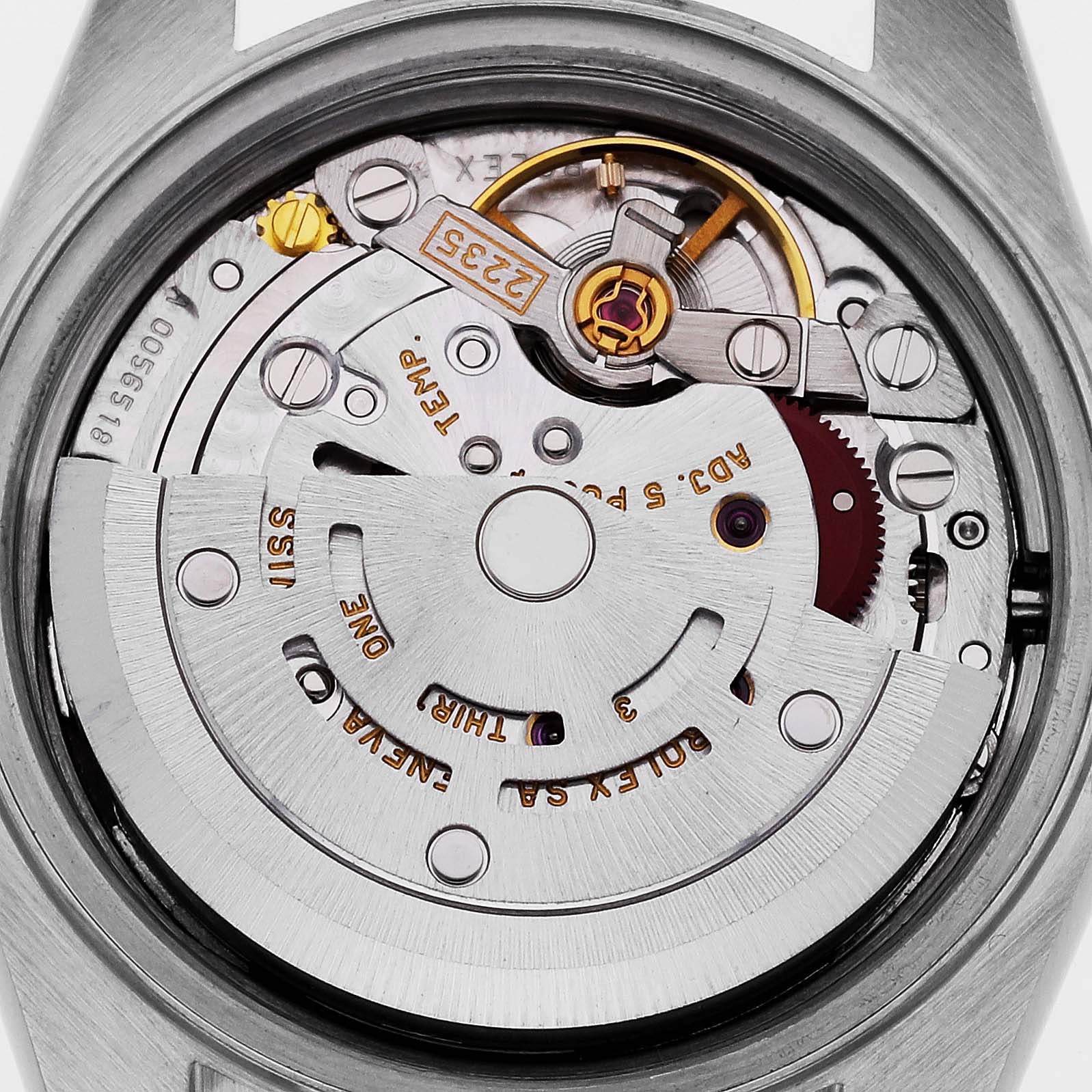 This image shows a close-up view of the movement mechanism of a Rolex Datejust 79173 Women's Steel and Gold (two tone) Champagne Dial 79173 Women's Steel and Gold (two tone) Champagne Dial watch, emphasizing the intricate inner components.