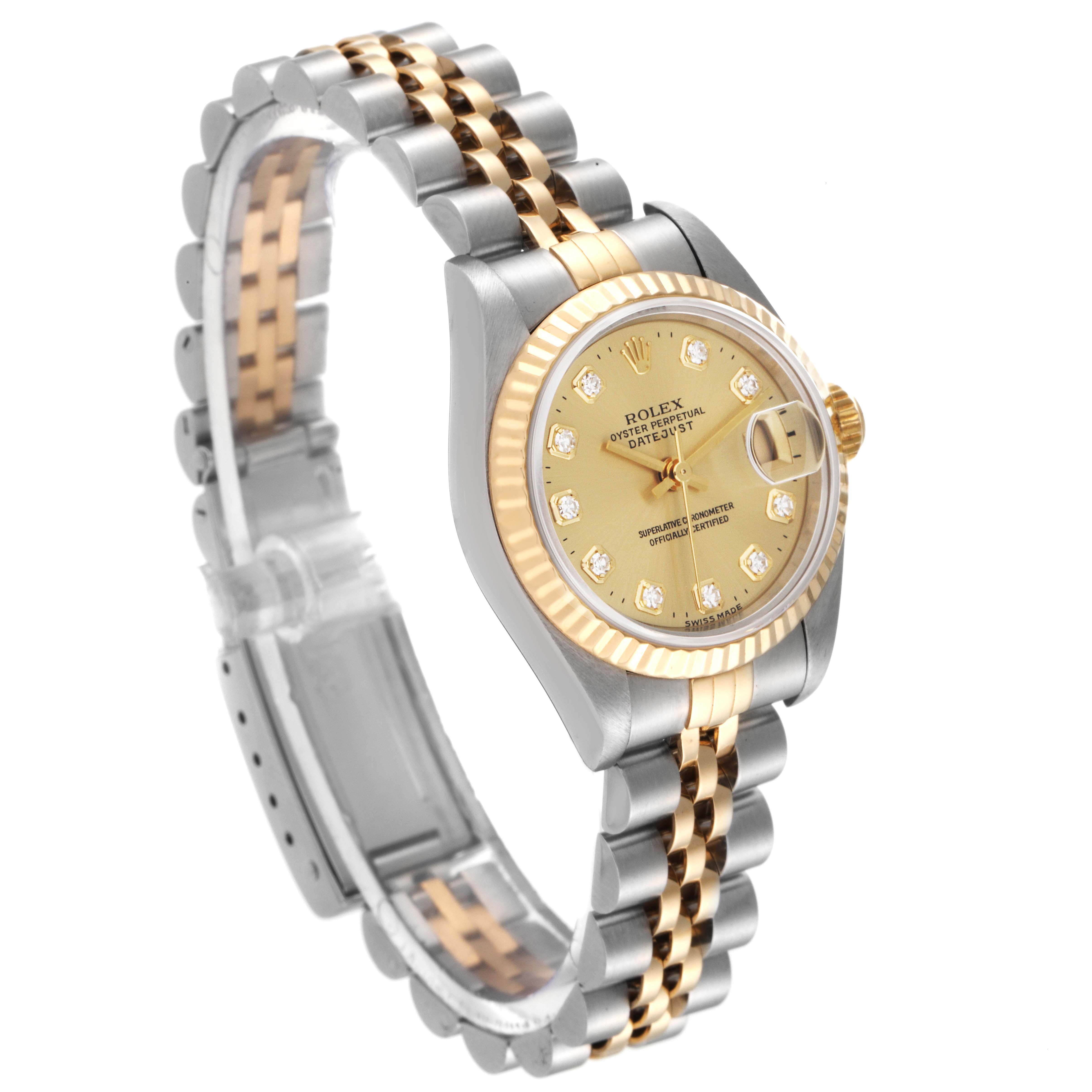 This image shows a Rolex Datejust 69173 Women's Steel and Gold (two tone) Champagne Dial 69173 Women's Steel and Gold (two tone) Champagne Dial watch at a slight angle, displaying its gold dial, bezel, and two-tone bracelet.