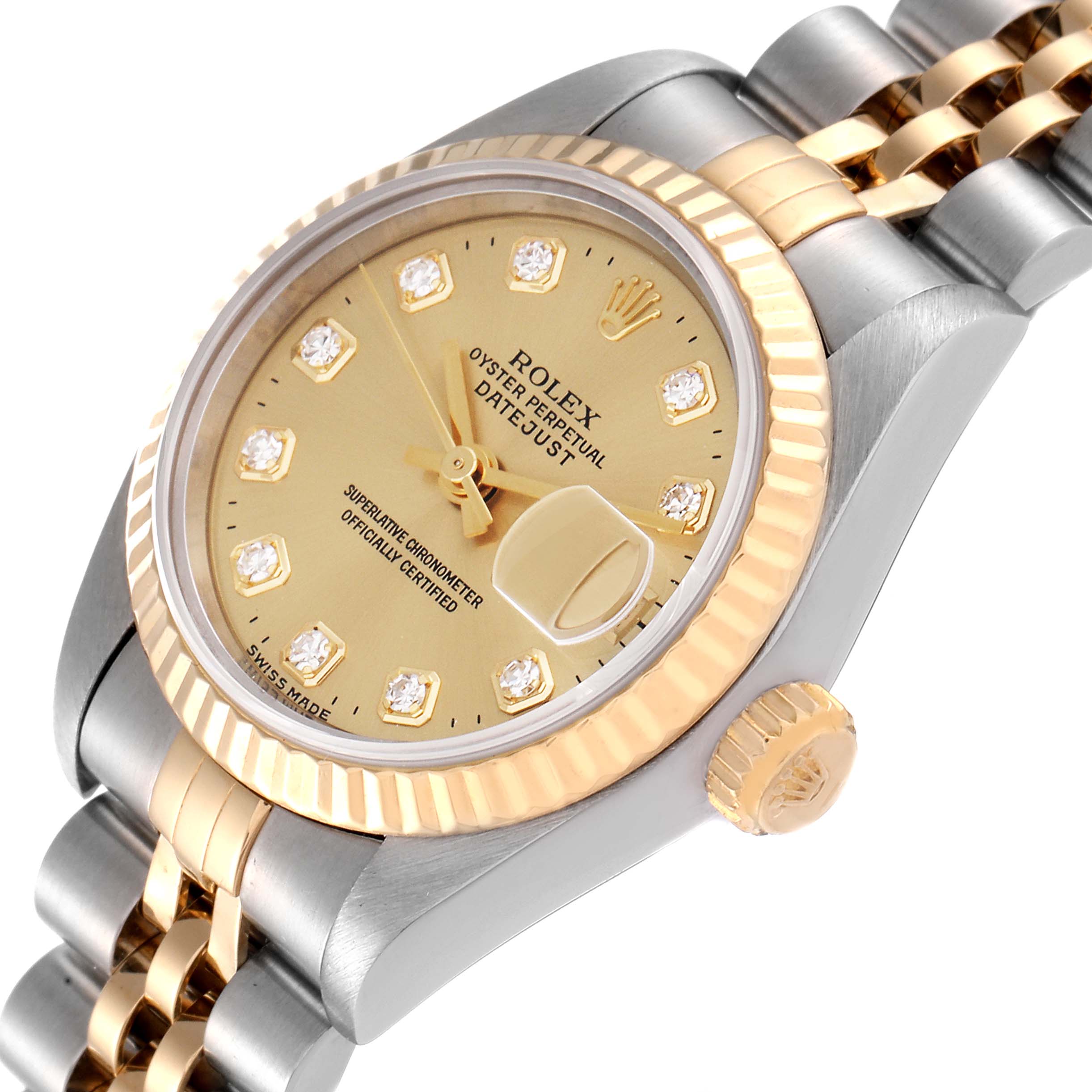 This image shows a close-up of the face, bezel, crown, and bracelet of a Rolex Datejust 69173 Women's Steel and Gold (two tone) Champagne Dial 69173 Women's Steel and Gold (two tone) Champagne Dial watch.