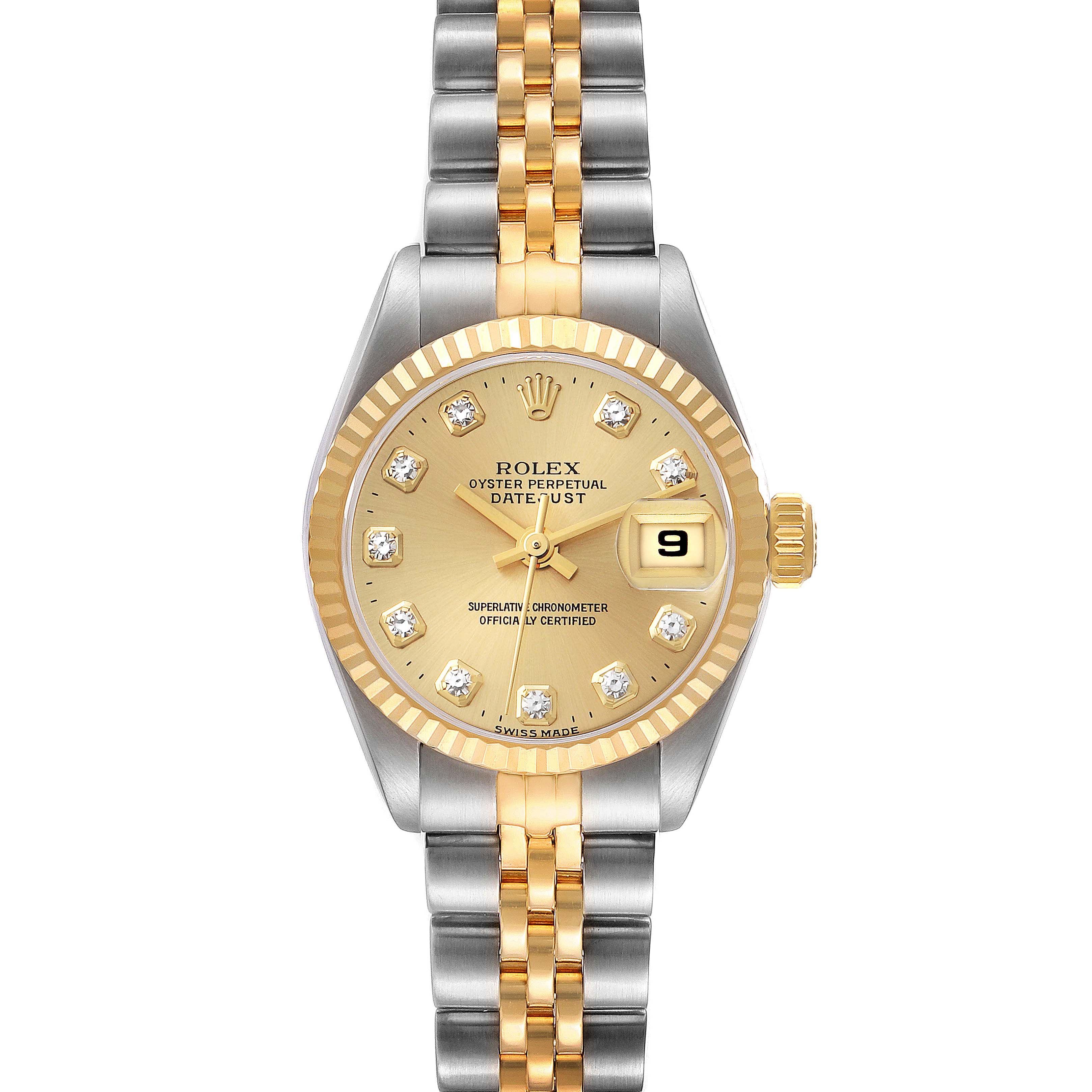 This image shows a Rolex Datejust 69173 Women's Steel and Gold (two tone) Champagne Dial 69173 Women's Steel and Gold (two tone) Champagne Dial watch from a front angle, highlighting its gold and silver two-tone bracelet, diamond markers, and date window.