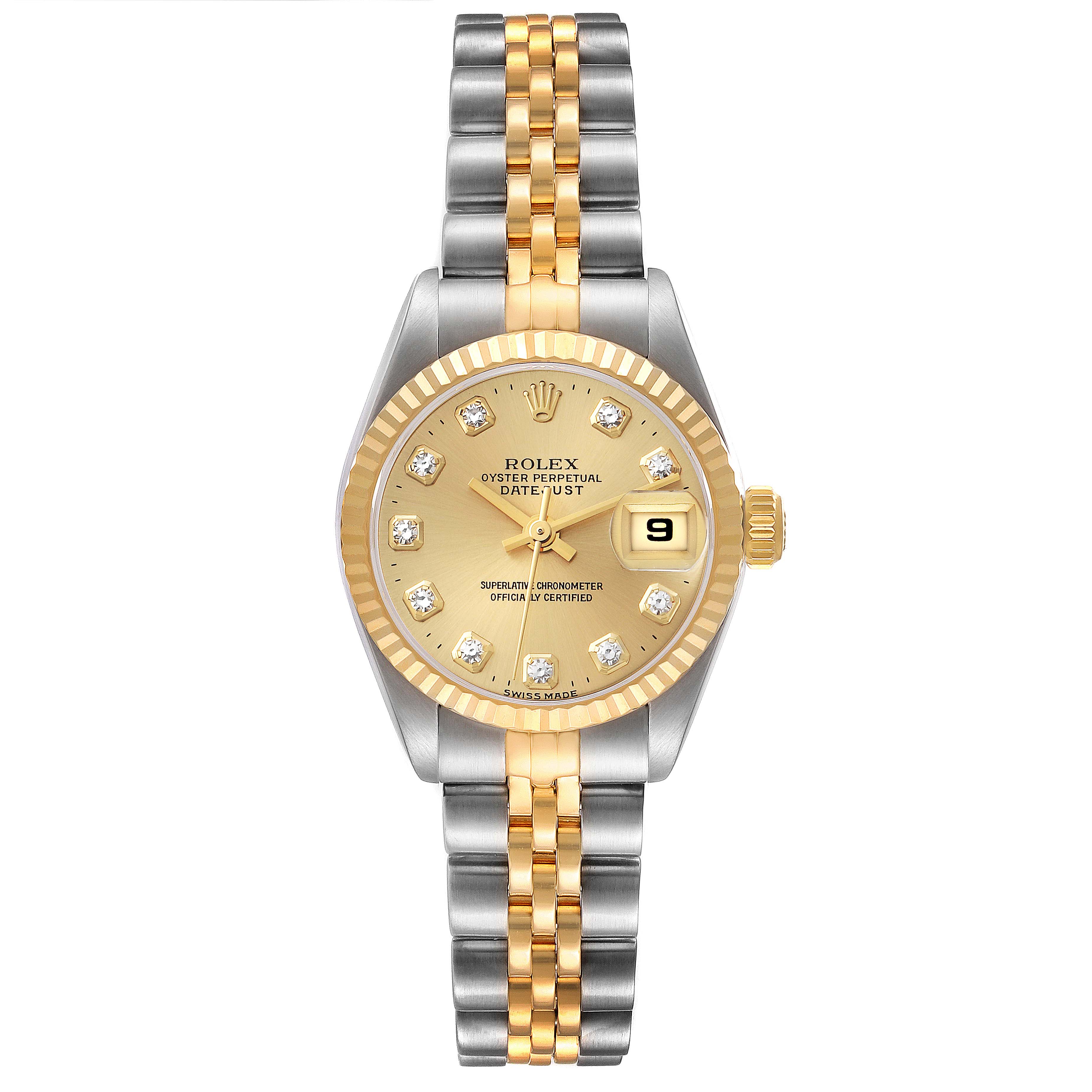 This image shows a front view of a Rolex Datejust 69173 Women's Steel and Gold (two tone) Champagne Dial 69173 Women's Steel and Gold (two tone) Champagne Dial watch displaying its dial, bezel, and bracelet.