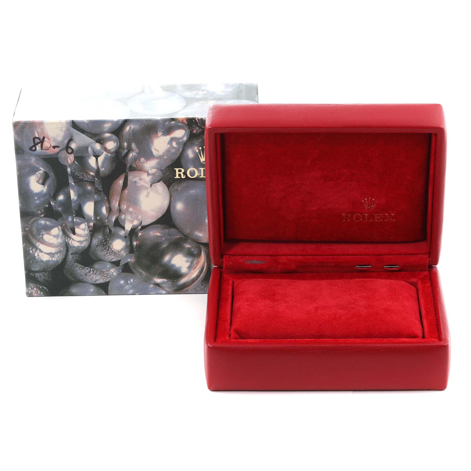 This image shows a red Rolex Datejust 69173 Women's Steel and Gold (two tone) Champagne Dial 69173 Women's Steel and Gold (two tone) Champagne Dial watch box and its outer packaging, with the box open and empty.