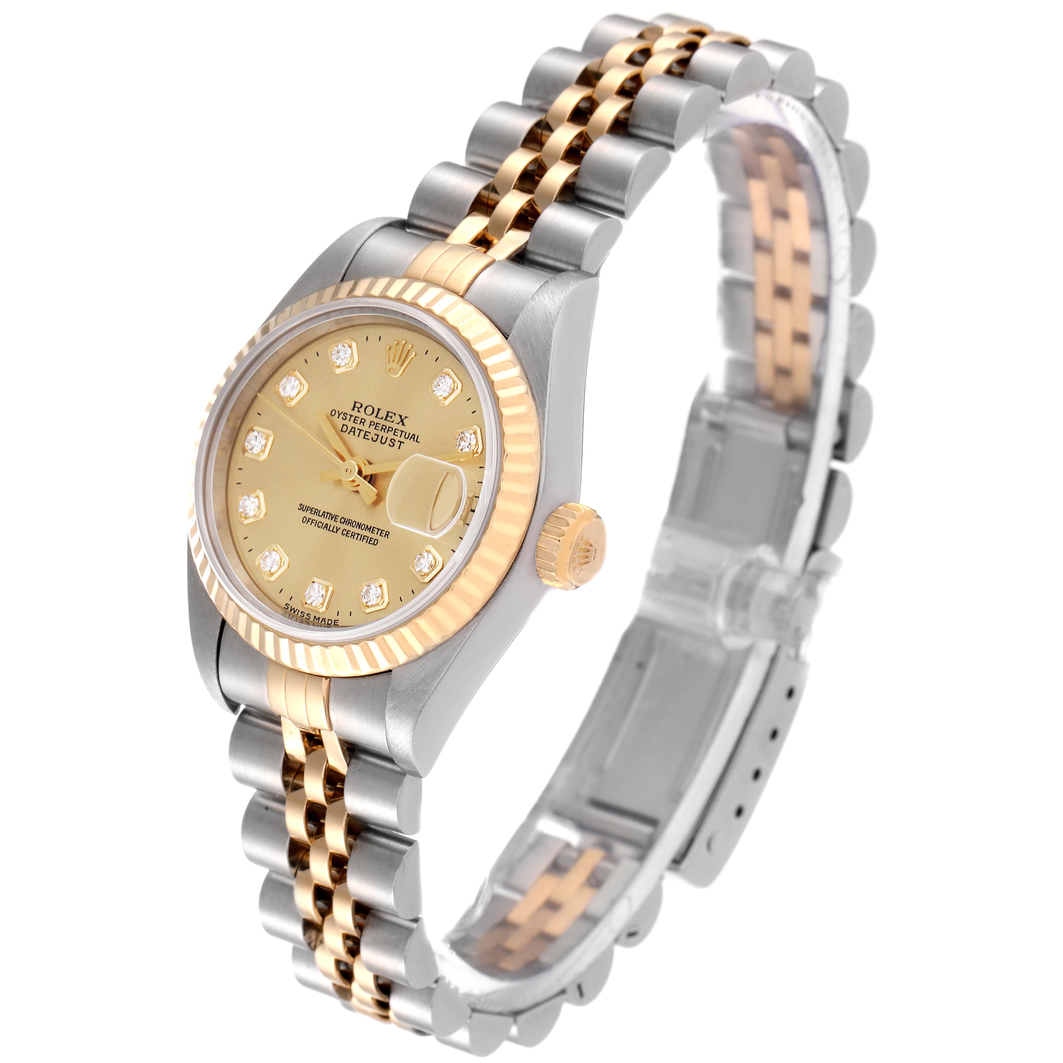 The Rolex Datejust 69173 Women's Steel and Gold (two tone) Champagne Dial 69173 Women's Steel and Gold (two tone) Champagne Dial watch is shown at an angle highlighting the bezel, dial, crown, and two-tone bracelet.