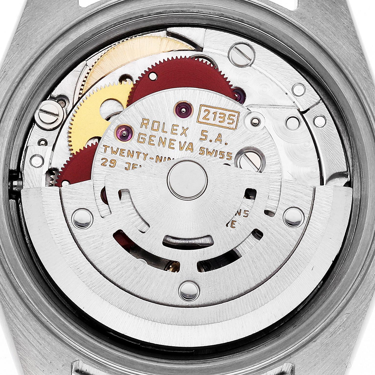 The image shows the movement and internal mechanism of a Rolex Datejust 69173 Women
s Steel and Gold (two tone) Silver Dial 69173 Women
s Steel and Gold (two tone) Silver Dial watch from a rear angle.