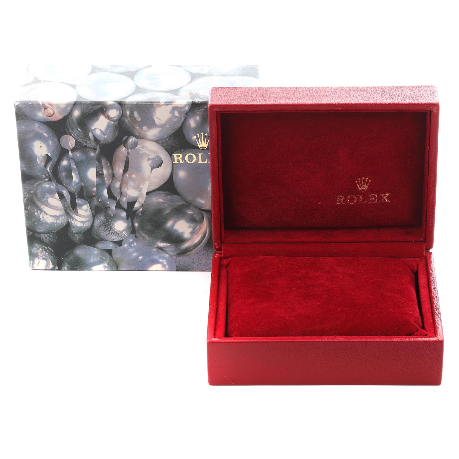 The image shows a red Rolex Datejust 69173 Women
s Steel and Gold (two tone) Silver Dial 69173 Women
s Steel and Gold (two tone) Silver Dial watch box with a matching outer box featuring a reflective pattern.